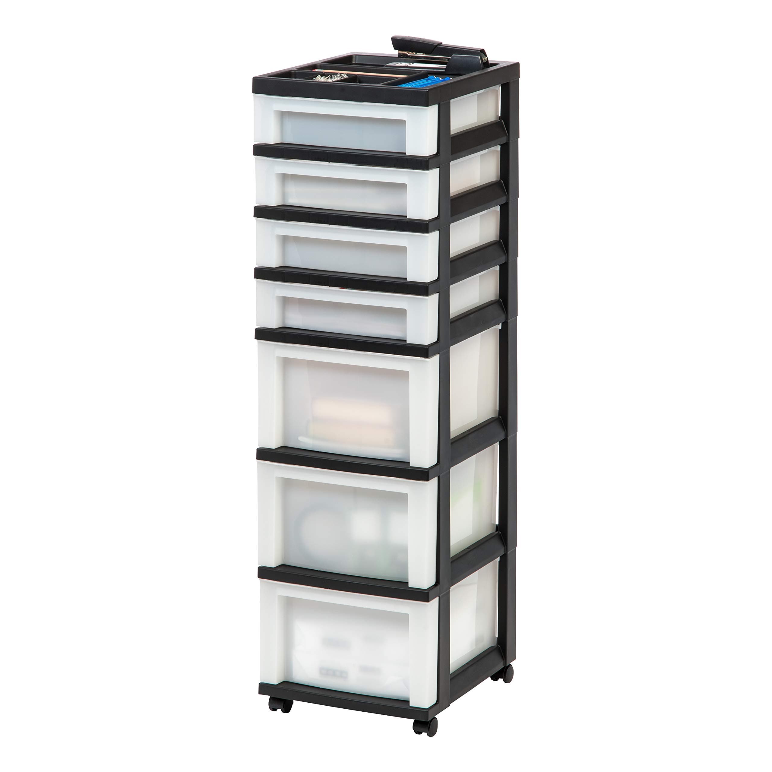 IRIS USAInc. Medium 7-Drawer Storage Rolling Cart with Organizer Top, Black/Pearl