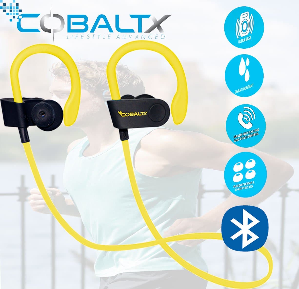 COBALTX Zero Gravity Sweat Resistant Super Lightweight Bluetooth Wireless Premium Stereo Headsets Sports Earphones 5 Hours of Music 30 Foot Range Premium Sound for Gym Running Workout (Yellow)