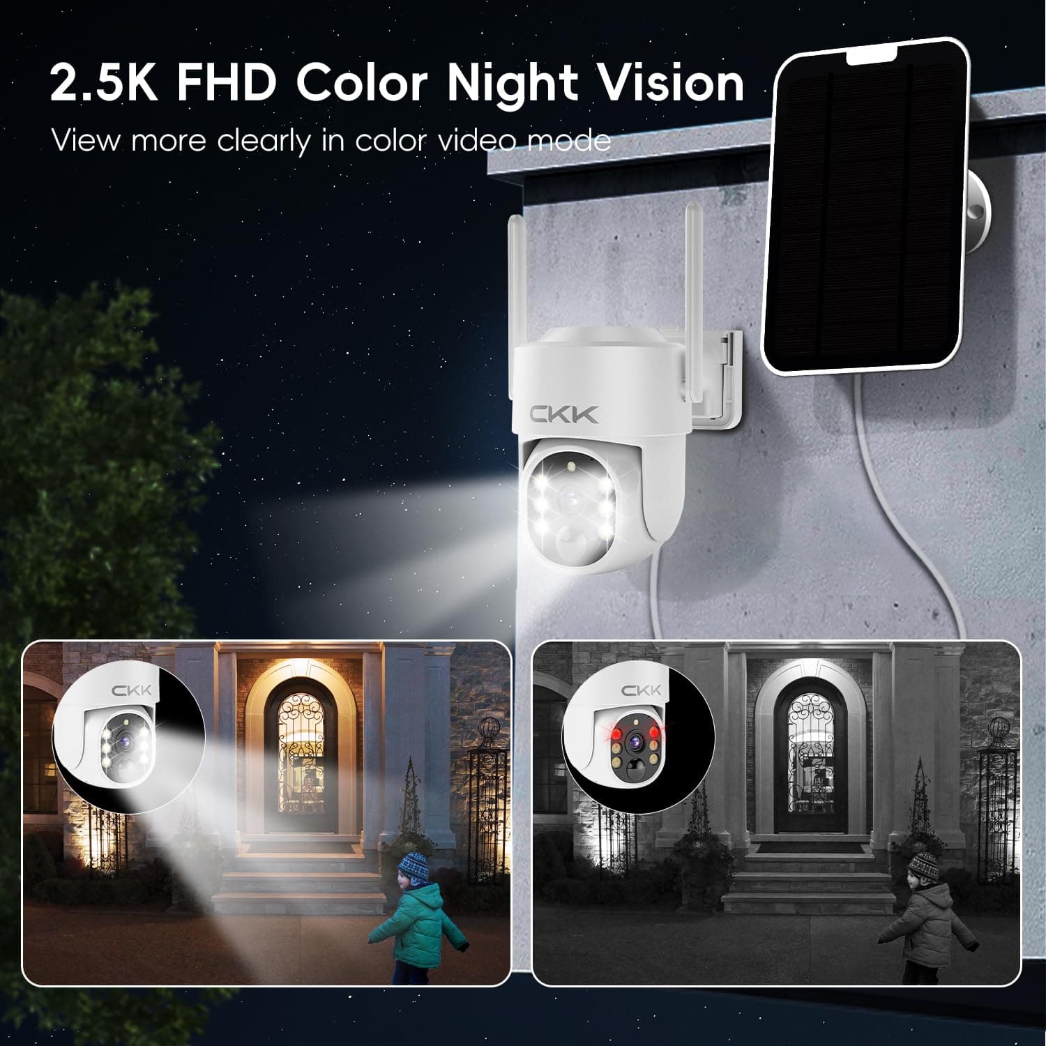 CKK Forever Power Security Cameras System C202, 4 Solar Security Cameras with Monitor for Home Security, 2.4G WiFi, 128G Local Storage, 360° View, 2.5K Color Night Vision,10CH NVR, 10'' IPS Monitor