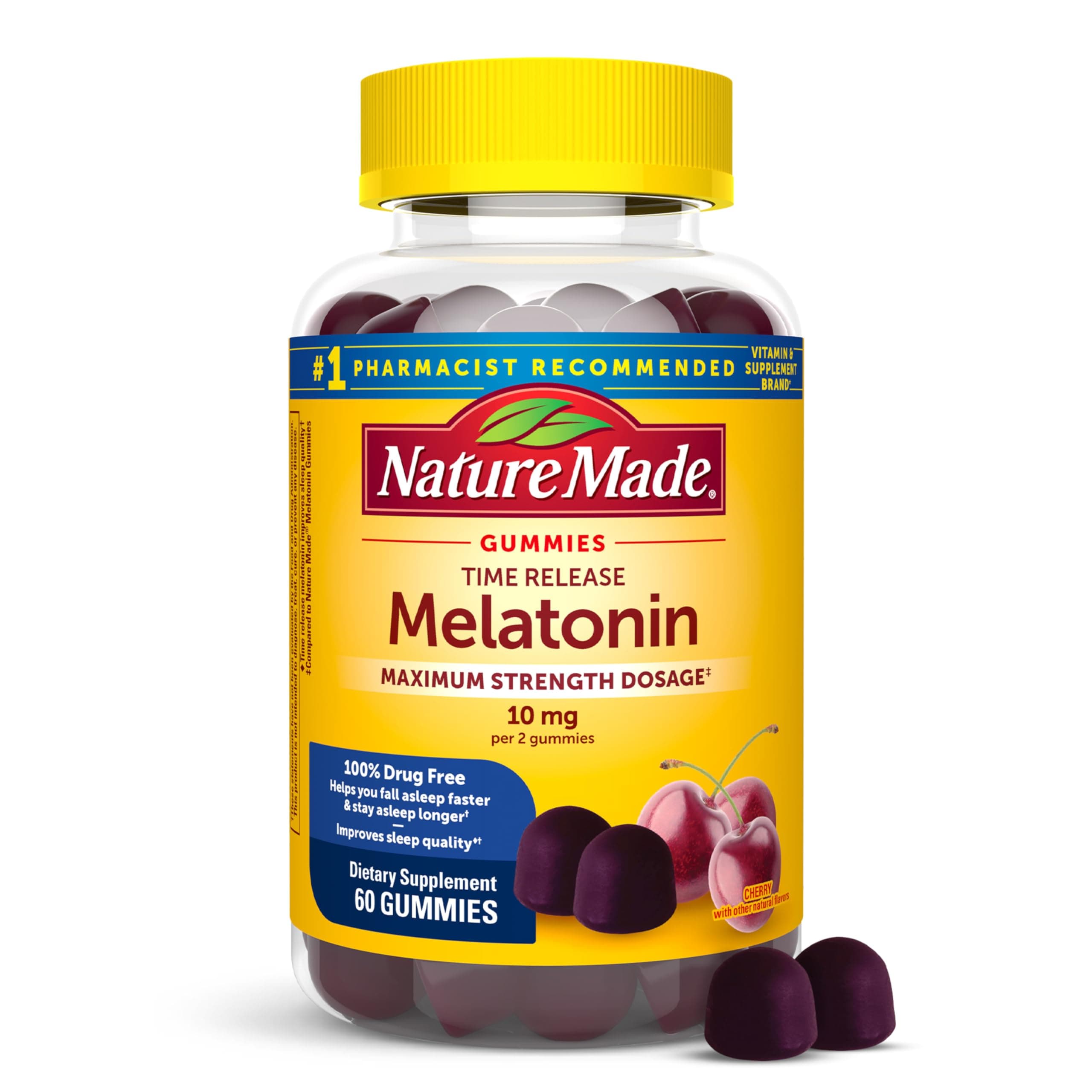 Nature Made Time Release Melatonin Gummies 10mg per Serving, Maximum Strength Dosage Sleep Aid for Adults, 100% Drug Free, 60 Gummies, 30 Day Supply