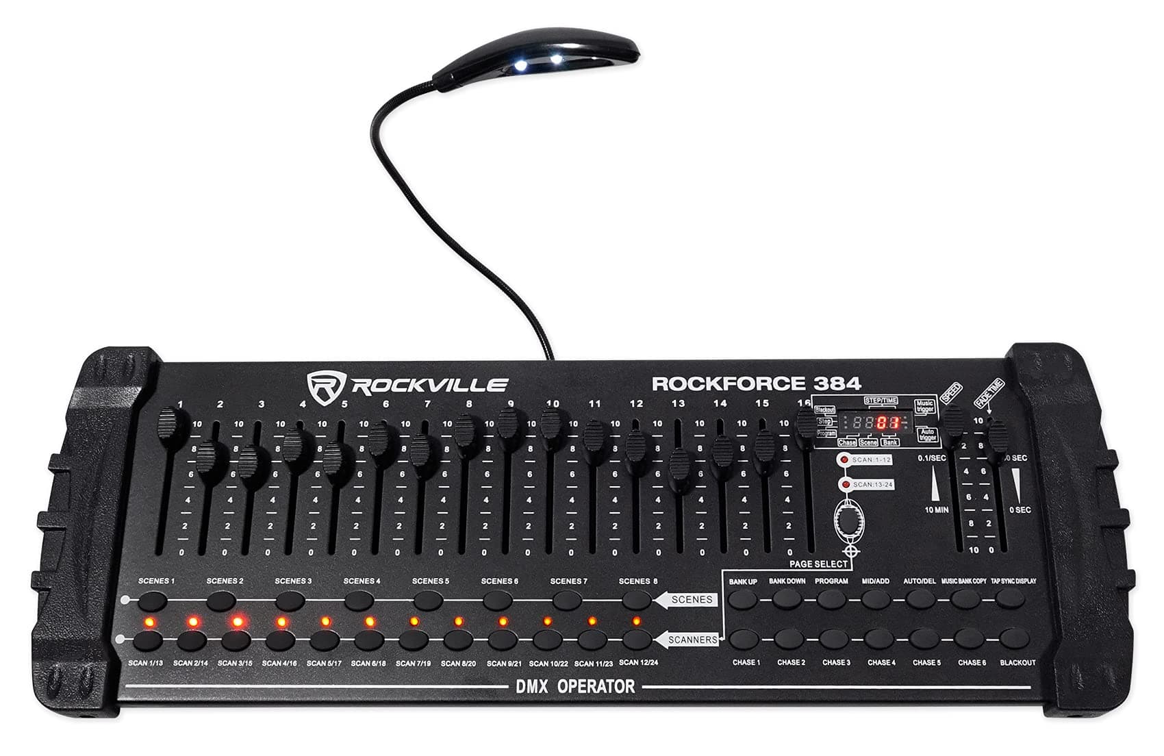 Rockville ROCKFORCE 384 Channel DMX Light/Fog Lighting Controller, MIDI Control, 30 Scene Banks, 6 Chases, LED Display, for DJs and Stage Lighting