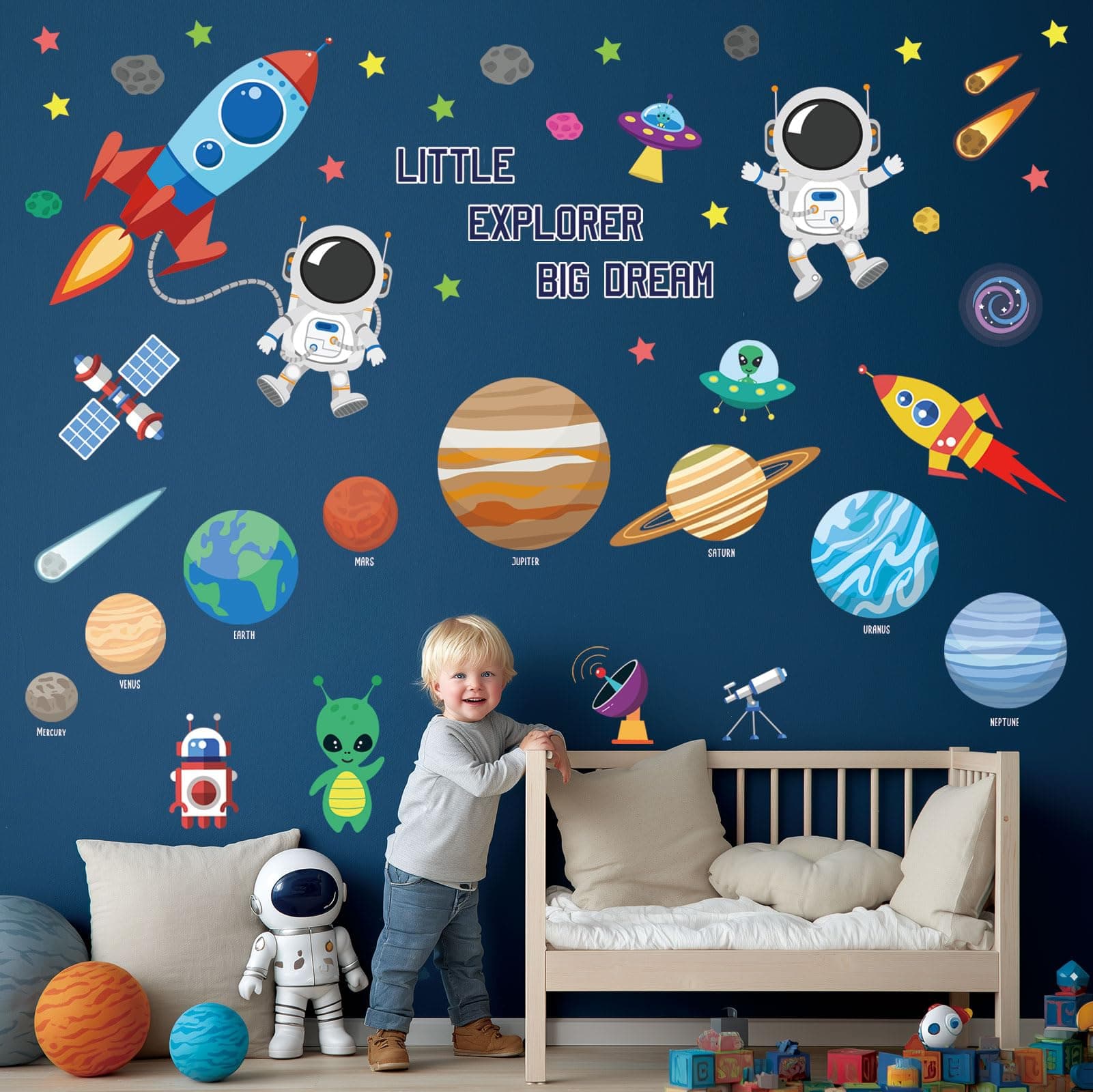 Outer Space Wall Sticker Decals Decals Peel and Stick Removable for Nursery Bedroom Living Room Art murals Decorations (DS9-8058)