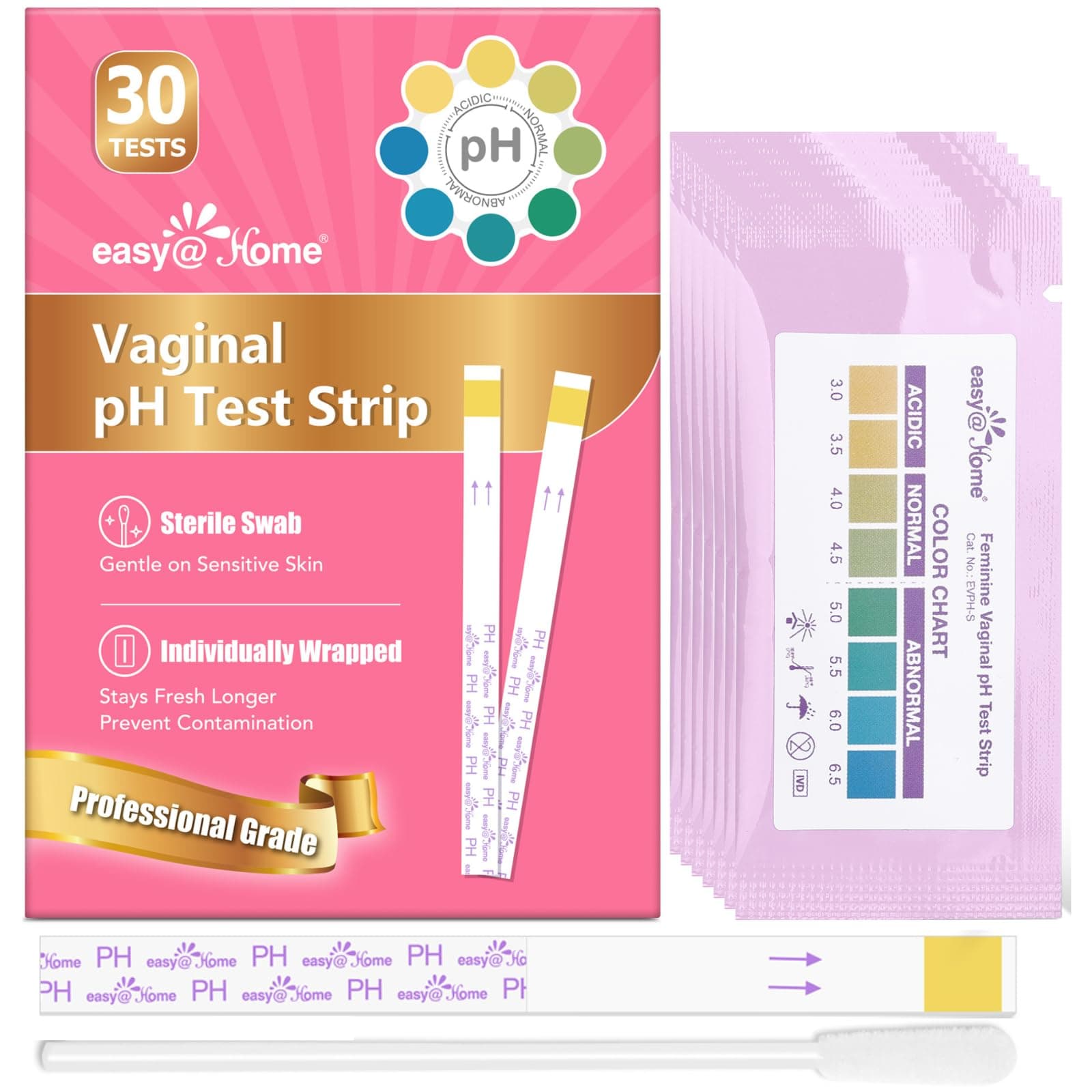 Easy@Home Vaginal pH Test -30 Strips | BV Test Kit at Home for Women | Yeast Infection Test + pH Balance for Women