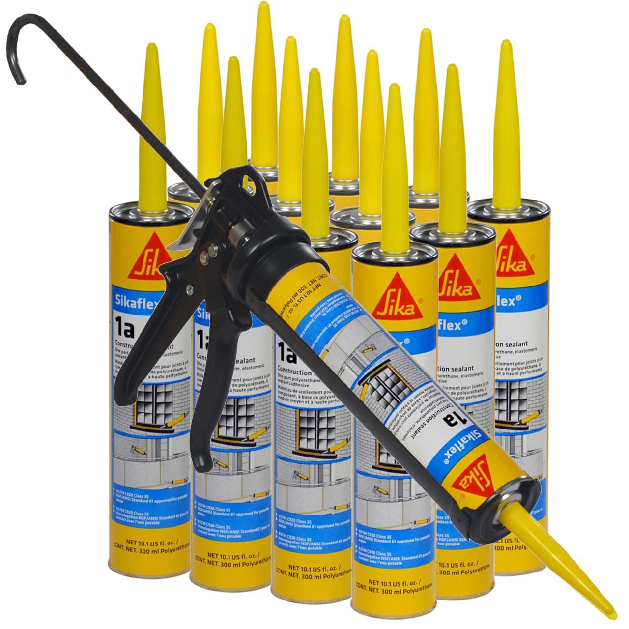 Sikaflex 1a Kit - One Component, Flexible, Non Sag, Polyurethane Concrete and Masonry Sealant for Vertical and Horizontal Surfaces, AWF PRO Caulk Gun, Sikaflex 1a 10 oz (Aluminum Gray, Pack of 12)