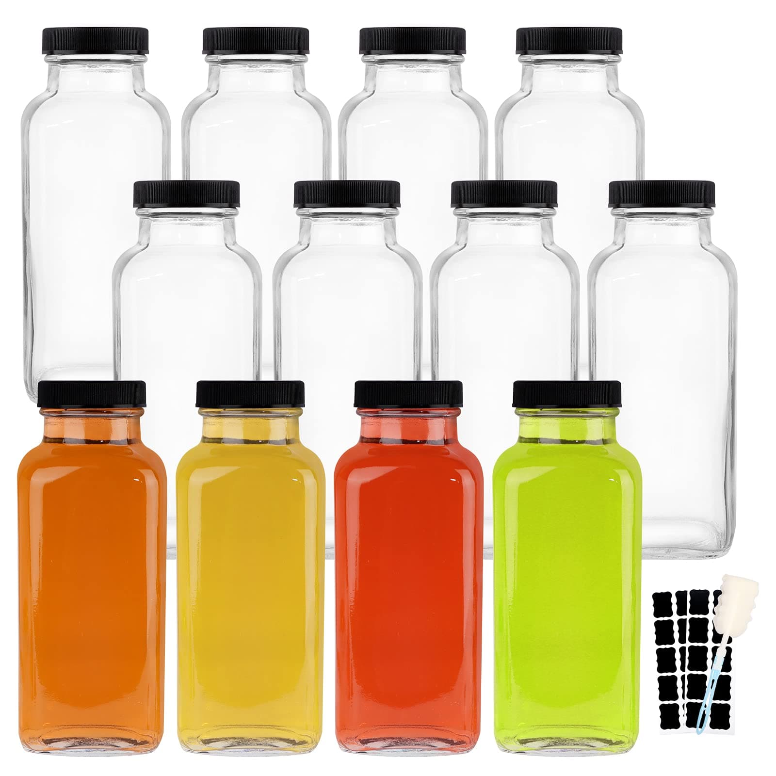 HINGWAH 12 OZ Glass Drink Bottles, Set of 12 Vintage Glass Water Bottles with Lids, Great for storing Juices, Milk, Beverages, Kombucha and More (Labels and Sponge Brush Included)