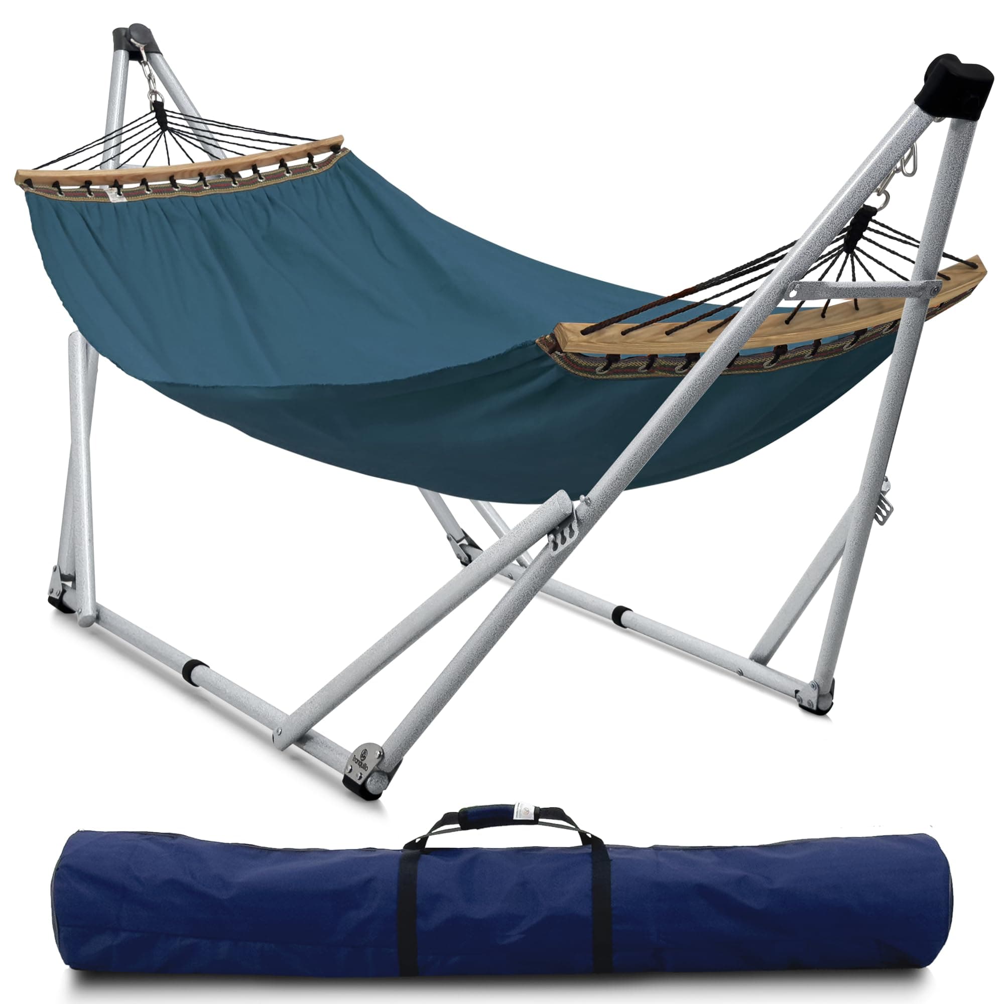 Tranquillo Ultimate Relaxation Portable Hammock Stand, Foldable Hammock Stand with Canvas Hammock, Spreader Bar, Quick Fold Unfold in 30 Seconds Steel Frame Hammock 600 lbs Capacity, White/Blue