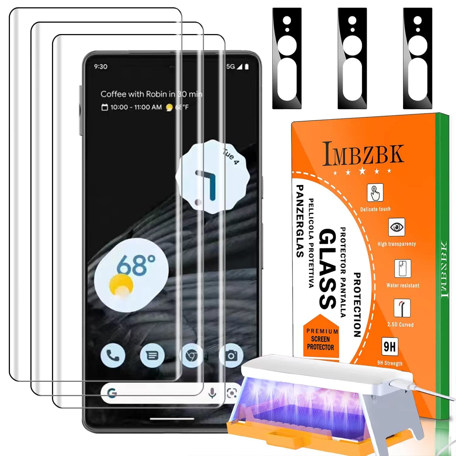 IMBZBK [3+3 Pack UV for Google Pixel 7 Pro 5G Screen Protector Tempered Glass Accessories 3 Pack UV Glass with 3 Pack Camera Lens Protector support fingerprint Reader Case friendly