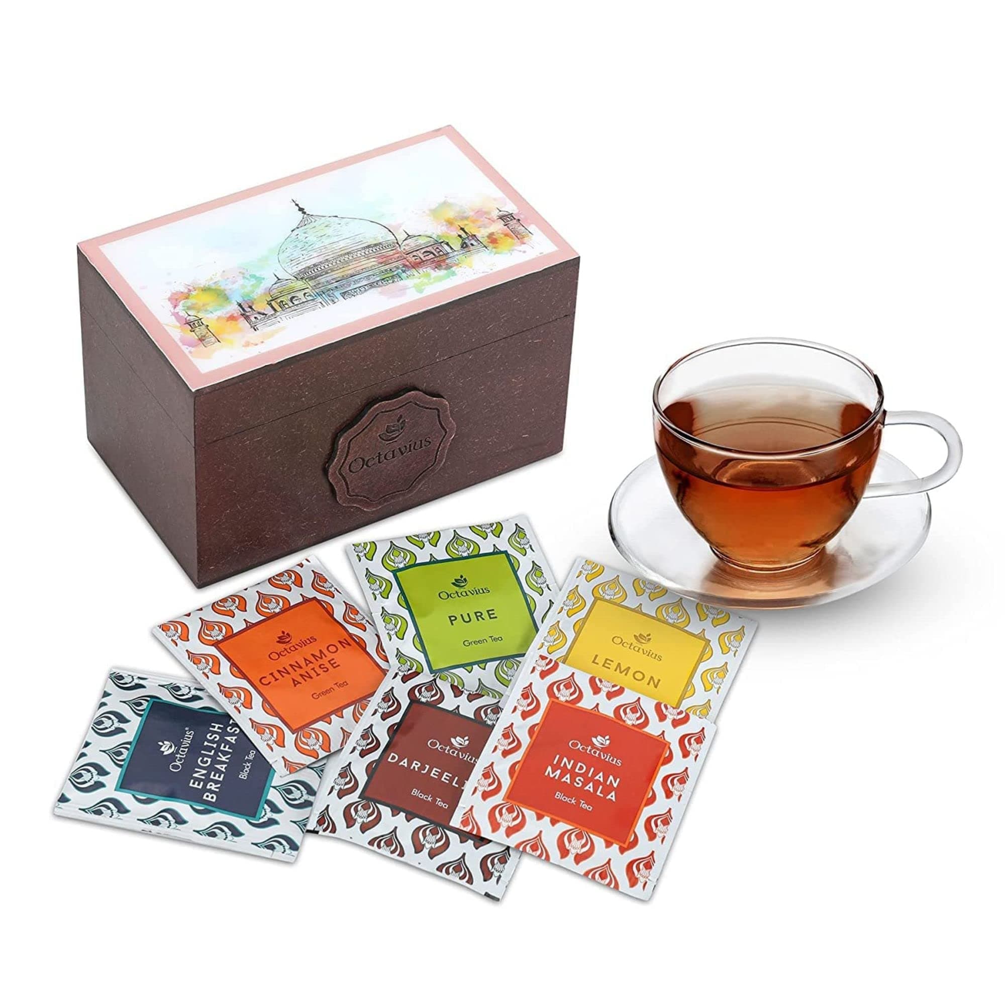 Octavius Assorted Tea Gift Set | 6 Assorted Black & Green Teas | 30 Teabags | Wooden Tea Sampler Pack w/Taj Print Design | Pack of 1
