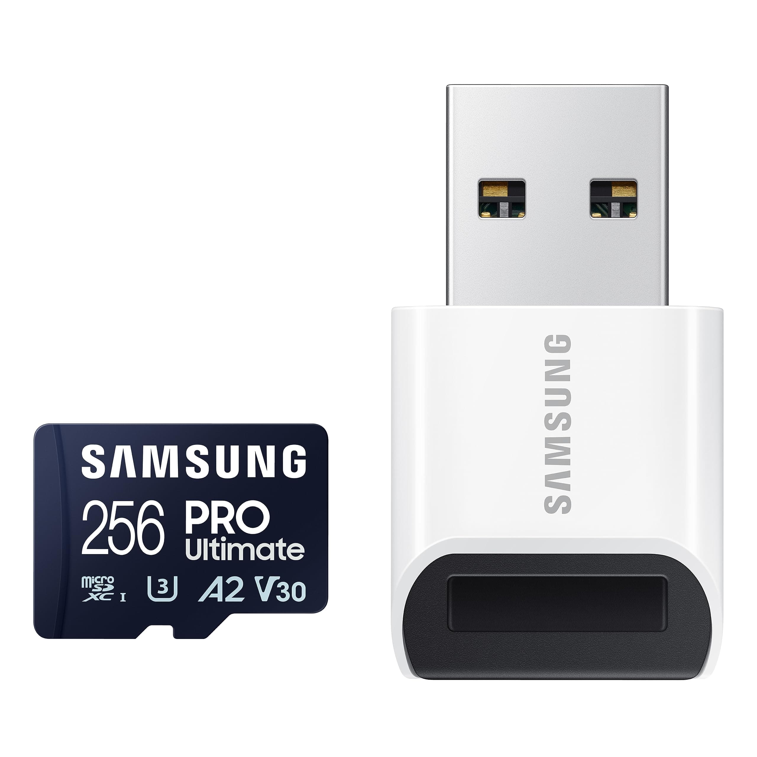 SAMSUNG PRO Ultimate microSD Memory Card + Reader, 256GB microSDXC, Up to 200 MB/s, 4K UHD, UHS-I, Class 10, U3,V30, A2 for GoPRO Action Cam, DJI Drone, Gaming, Phones, Tablets, MB-MY256SB/AM