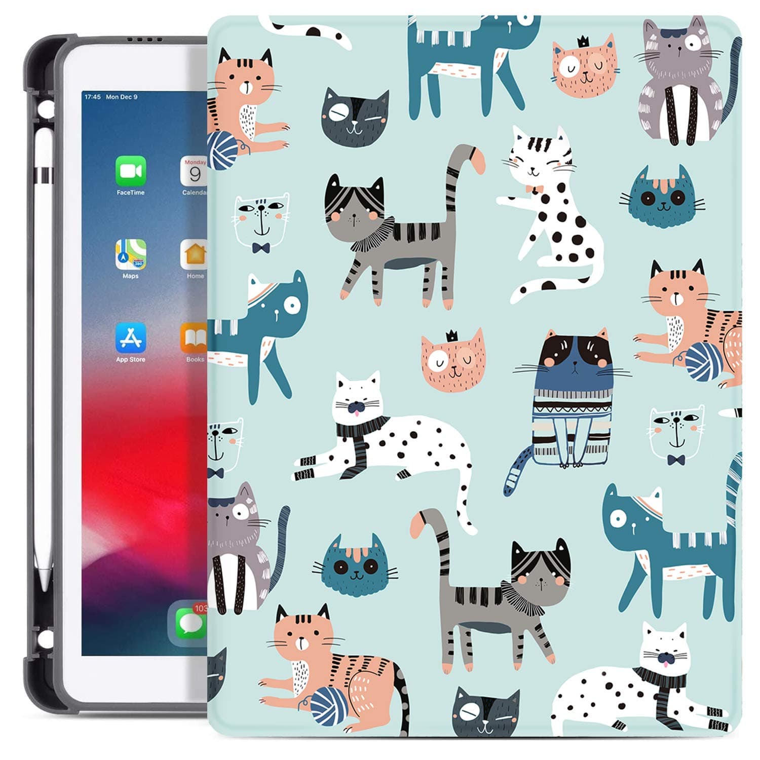 Case for iPad 9th/8th/7th Generation 10.2 Inch (2021/2020/2019), iPad Pro 10.5/Air 3rd Case, [Built in Pencil Holder], Protective Multi Viewing Angles Stand Auto Wake/Sleep, Cats
