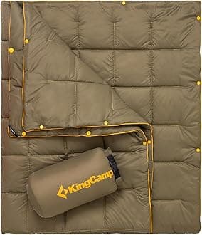 KingCamp Ultralight Camping Blanket, Packable Down Alternative Puffy Wearable Blankets Weatherproof Warm Package Quilt with Snap Buttons for Outdoor Hiking Travel Picnic Stadium (69" L x 53", Olive)