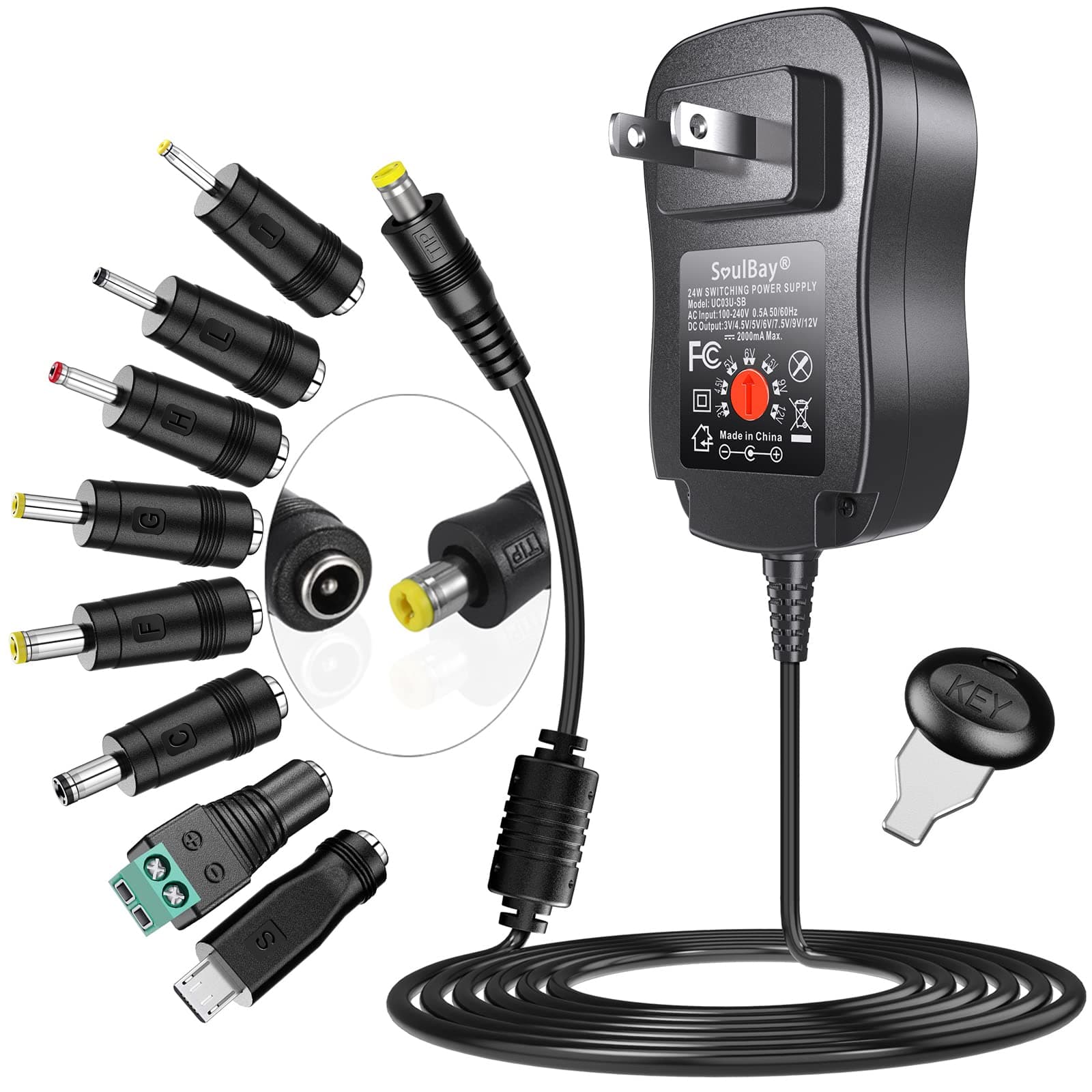 [Upgraded Version] SoulBay Universal AC/DC Adapter Multi Voltage Regulated Switching Power Supply with 8 Selectable Adapter Plugs for 3V to 12V Home Electronics, Maximum 2Amp