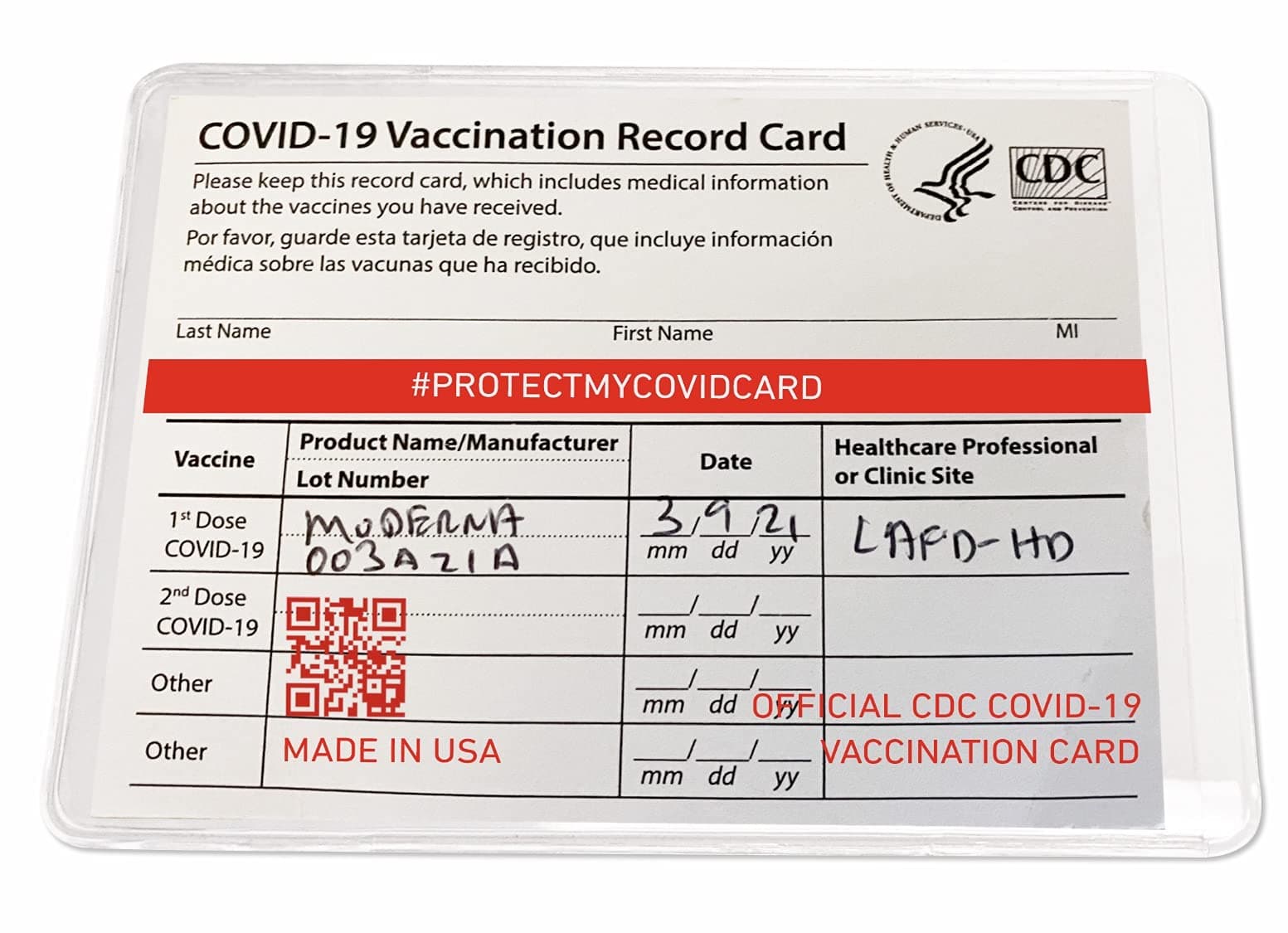 Generic Official CDC COVID-19 Vaccination Card Protector Custom Made in USA (3 Pack) Birthdate and Medical Info Hidden by Hashtag red line, Clear Recycled Plastic With Red Text and Images, 3.2 x 4.2