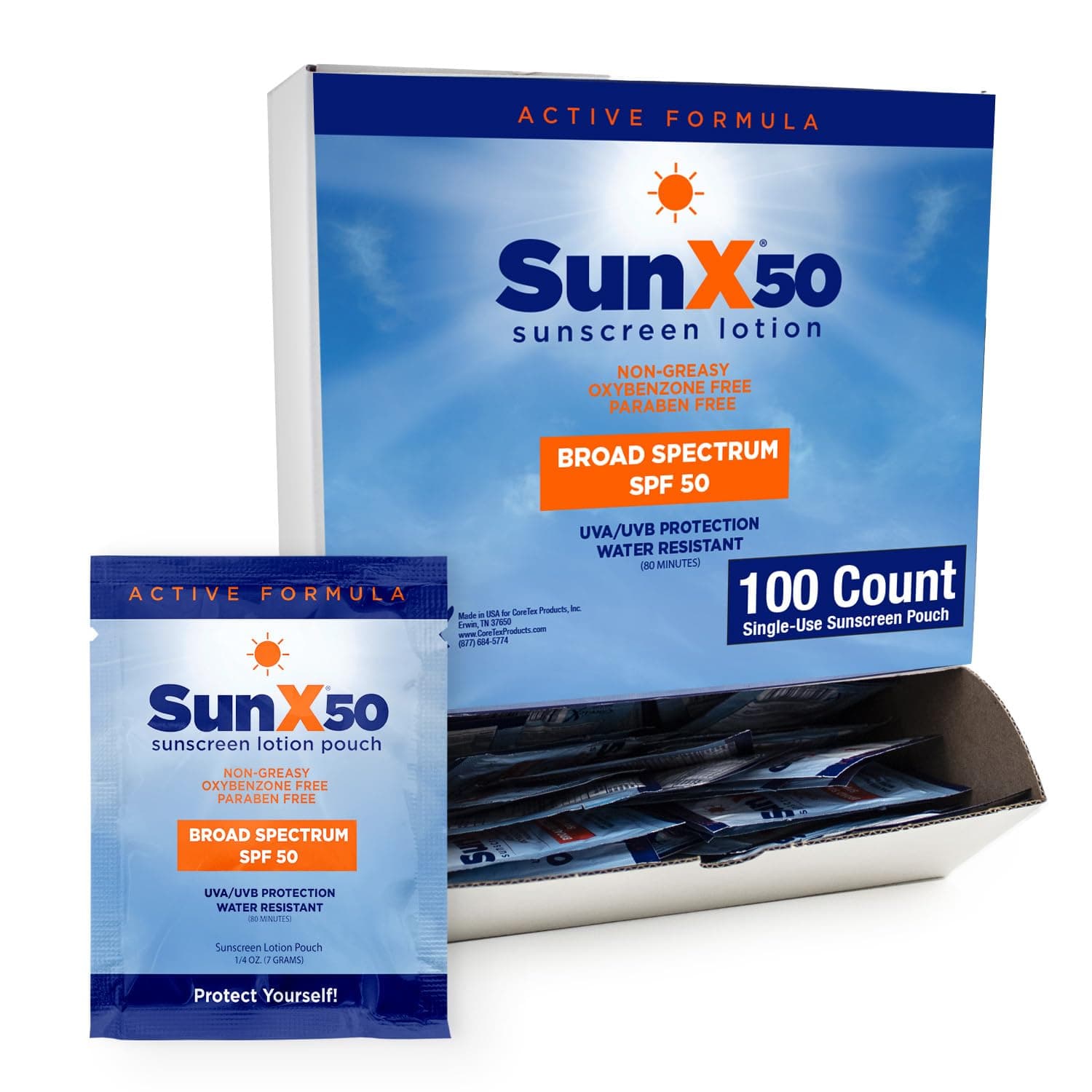 Sun X 50 SPF Broad Spectrum Sunscreen Packets - Pack of 100 Paraben, Oxybenzone, Octinoxate, & Oil Free Sunscreen - No White Cast and Water Resistant Up to 80 Minutes
