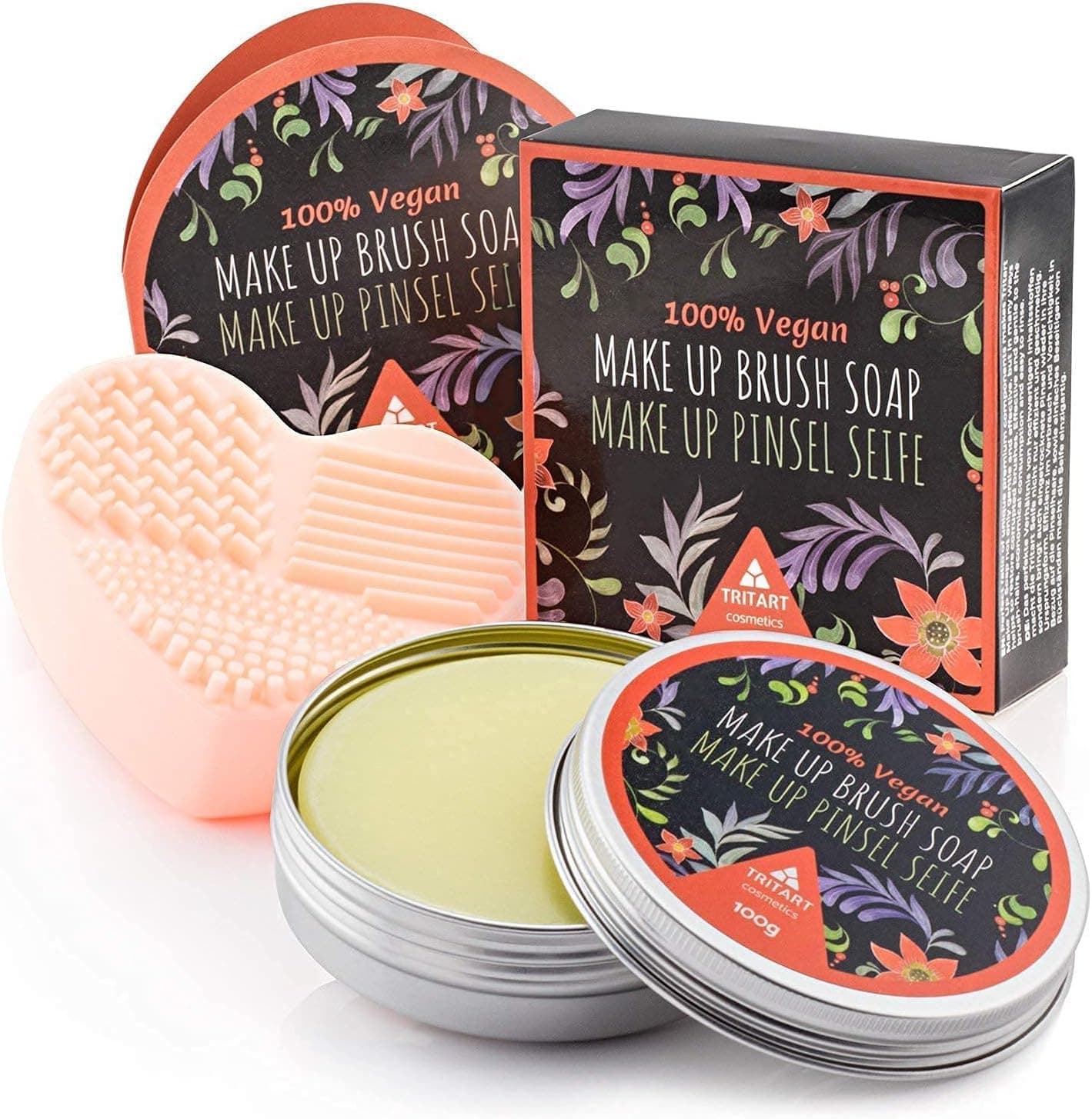 Makeup Brush Soap and Cleaner Pad - Solid Soap for Make Up Brushes and Silicone Cleaning Mat Set - 100g Vegan Soap Cleanser with Cosmetic Tool Cleansing Heart