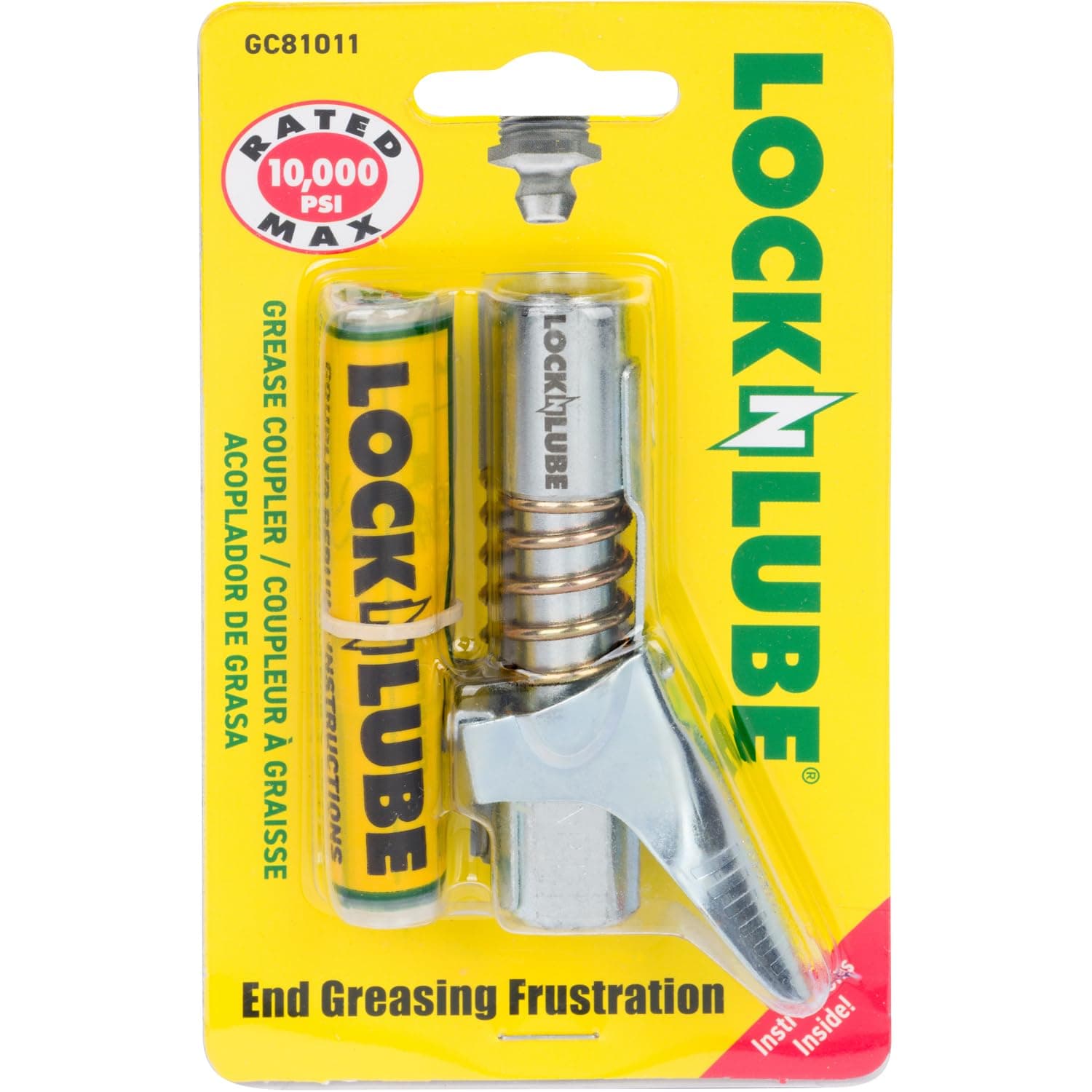 LockNLube Grease Gun Coupler - Zerk Grease Coupler Fitting Tip - Easy Lock-on, Clip-off - Stays on - Grease goes in, not on the machine