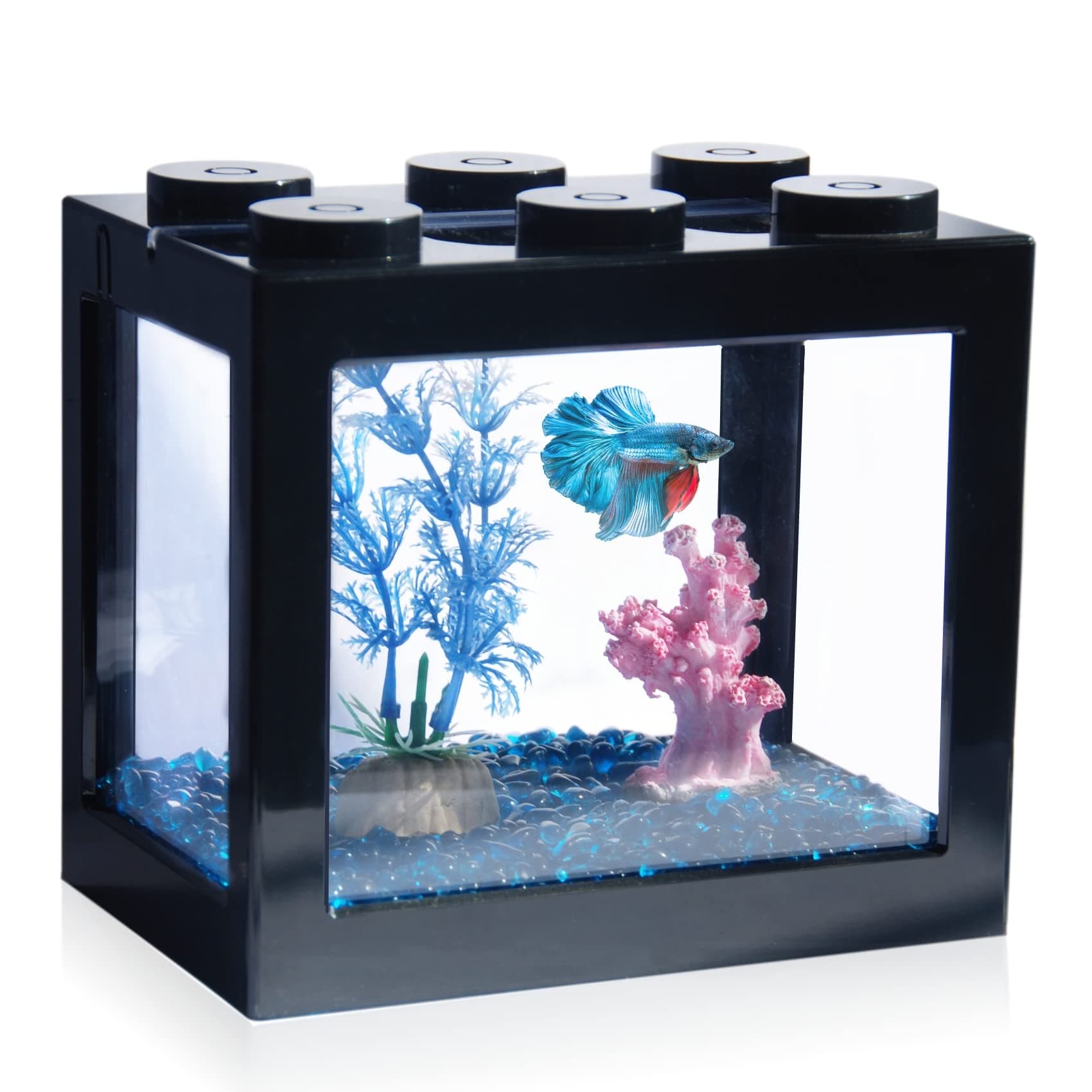 Small Betta Fish Tank, Stackable Mini Fish Tank Aquarium Tank Kit, 3/5 Gallon Rectangular Fish Bowl with Aquarium Gravel Decoration, Tiny Cube Tank for Seaweed Balls Sea Monkeys