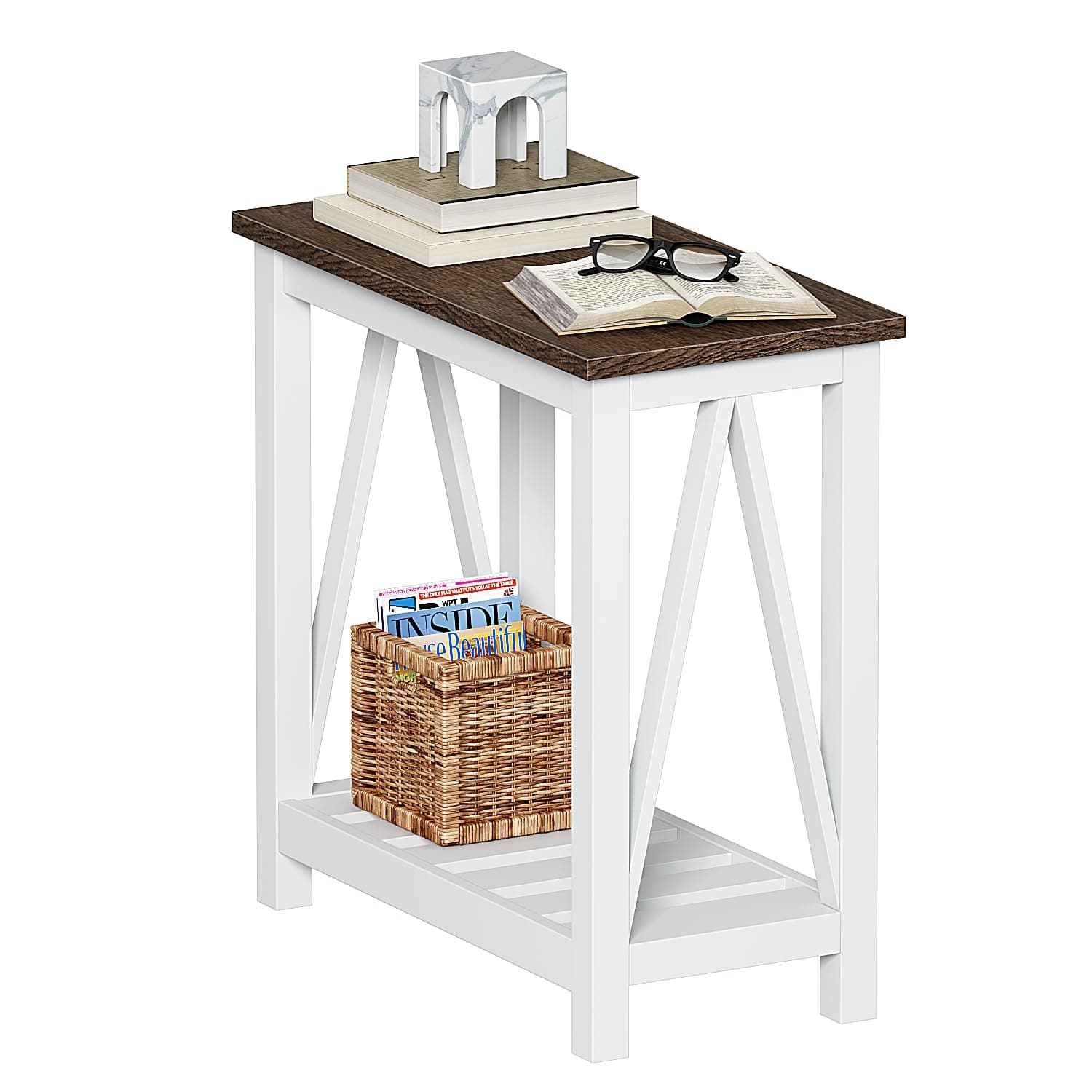 ChooChoo Farmhouse End Table, Narrow Side Table, Slim End Table with Storage Shelf for Small Spaces, Rustic Nightstand, for Living Room, Bedroom White