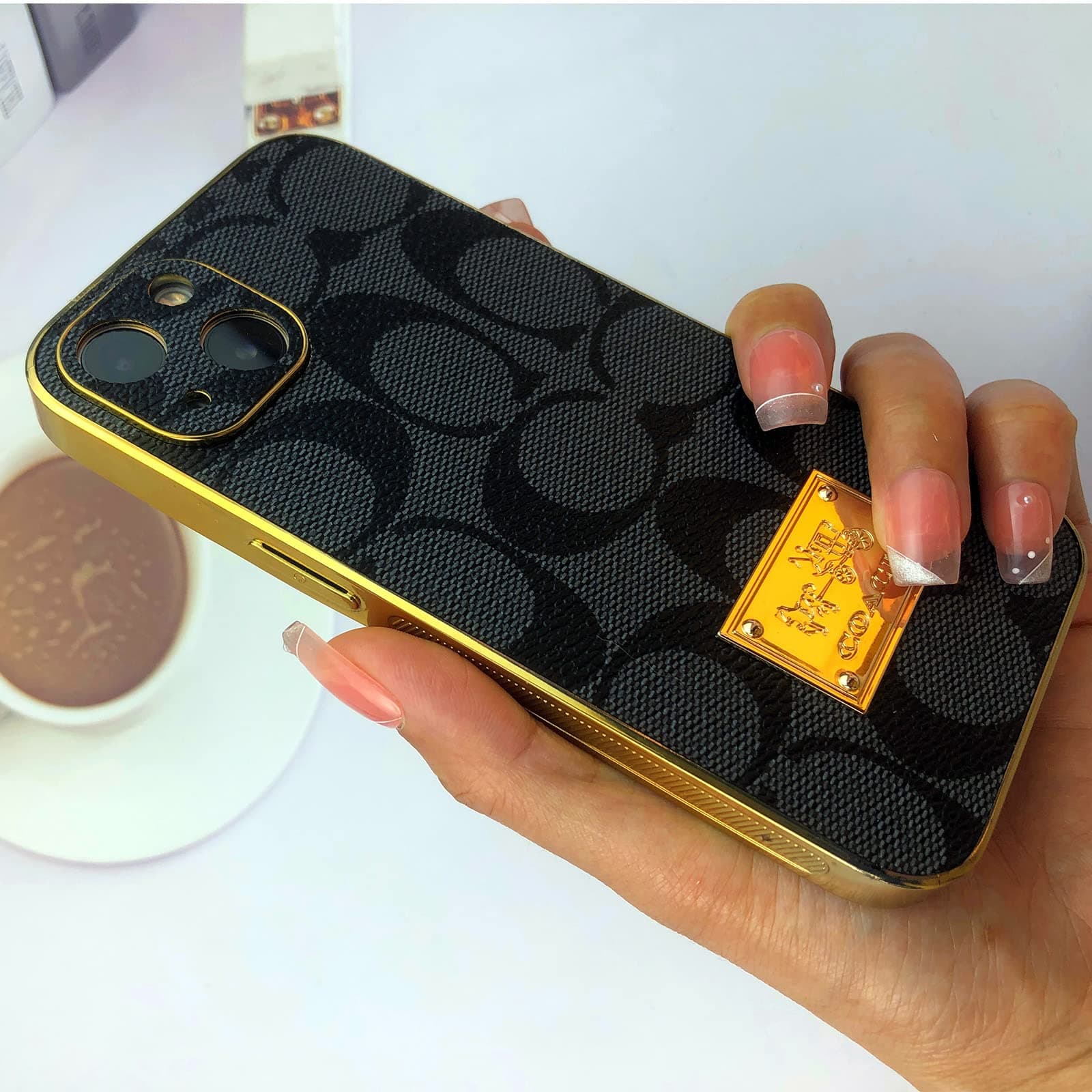 Luxury Designer Elegant Compatible for iPhone 14 Plus Case, Luxury Brand for Apple iPhone 14 Plus,Aesthetics Classic Monogram Pattern Cellphone Case Girls Women Men - Black
