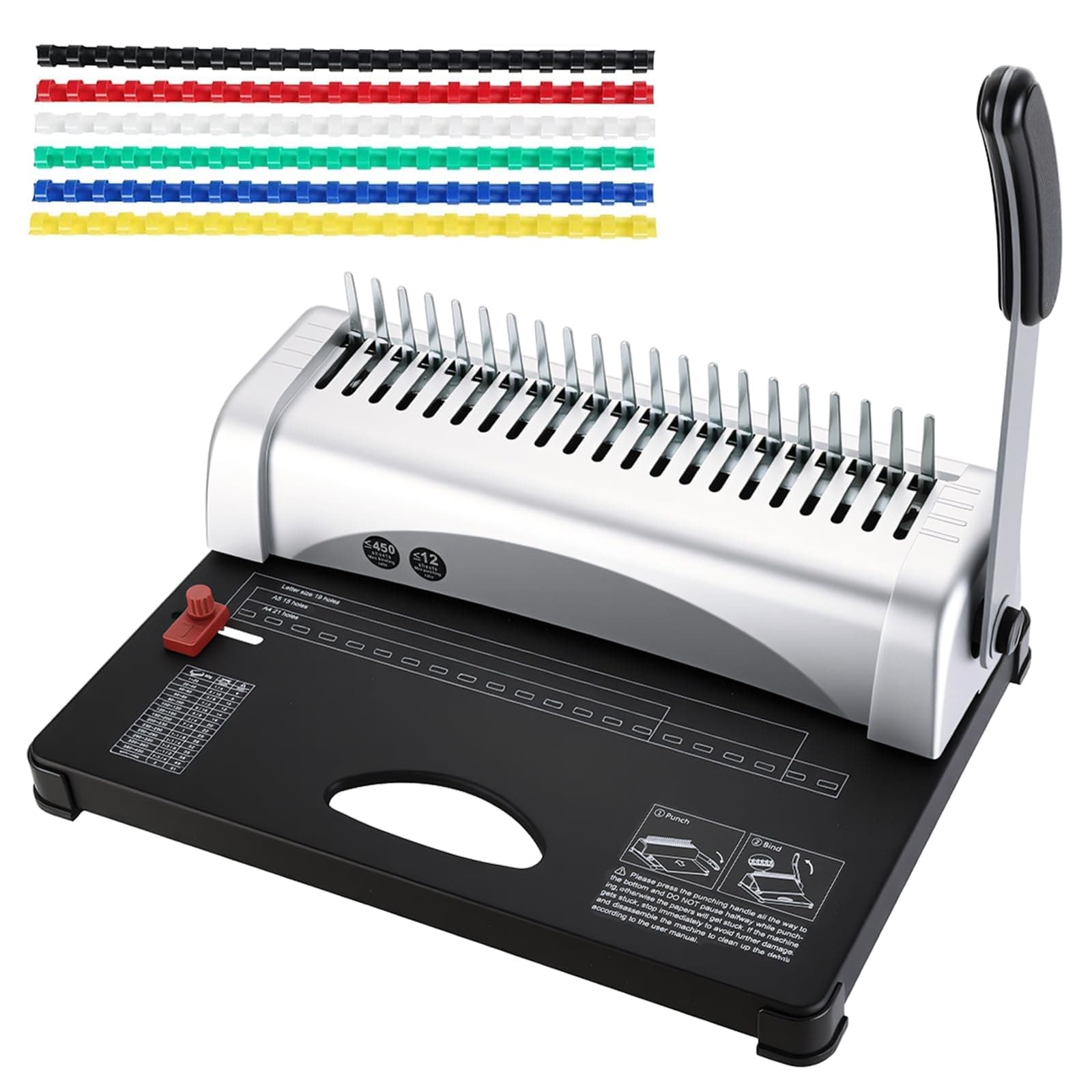 Comb Binding Machine 21-Holes 450 Sheets Capacity with 100 PCS 3/8'' Spines Comb Binding Machine for Letter Size, A4, A5