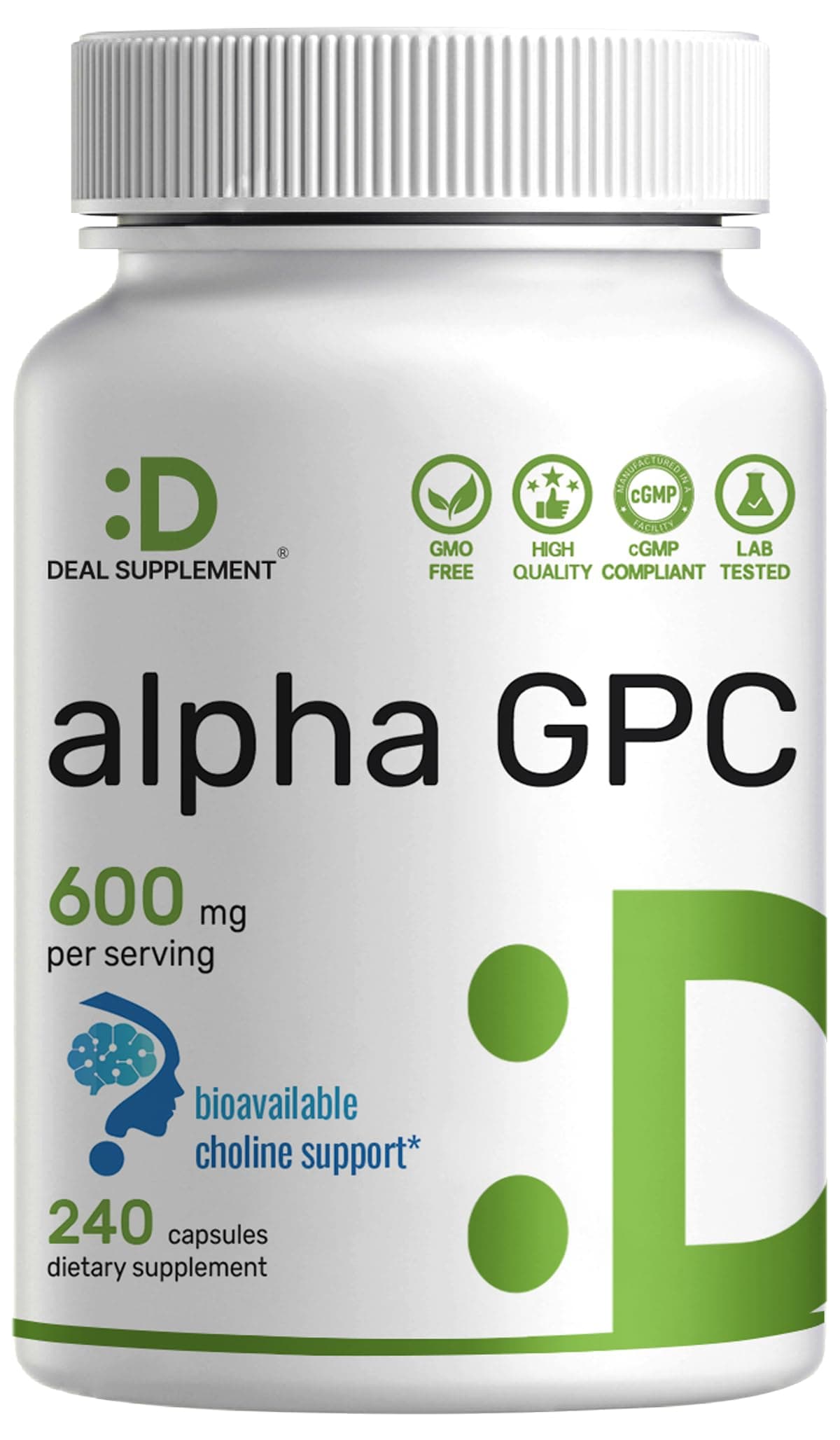 Alpha GPC 600mg Per Serving, 240 Capsules – Bioavailable Choline Replenishment –Nootropic Brain Health Supplements for Memory and Focus – Non-GMO, Gluten Free