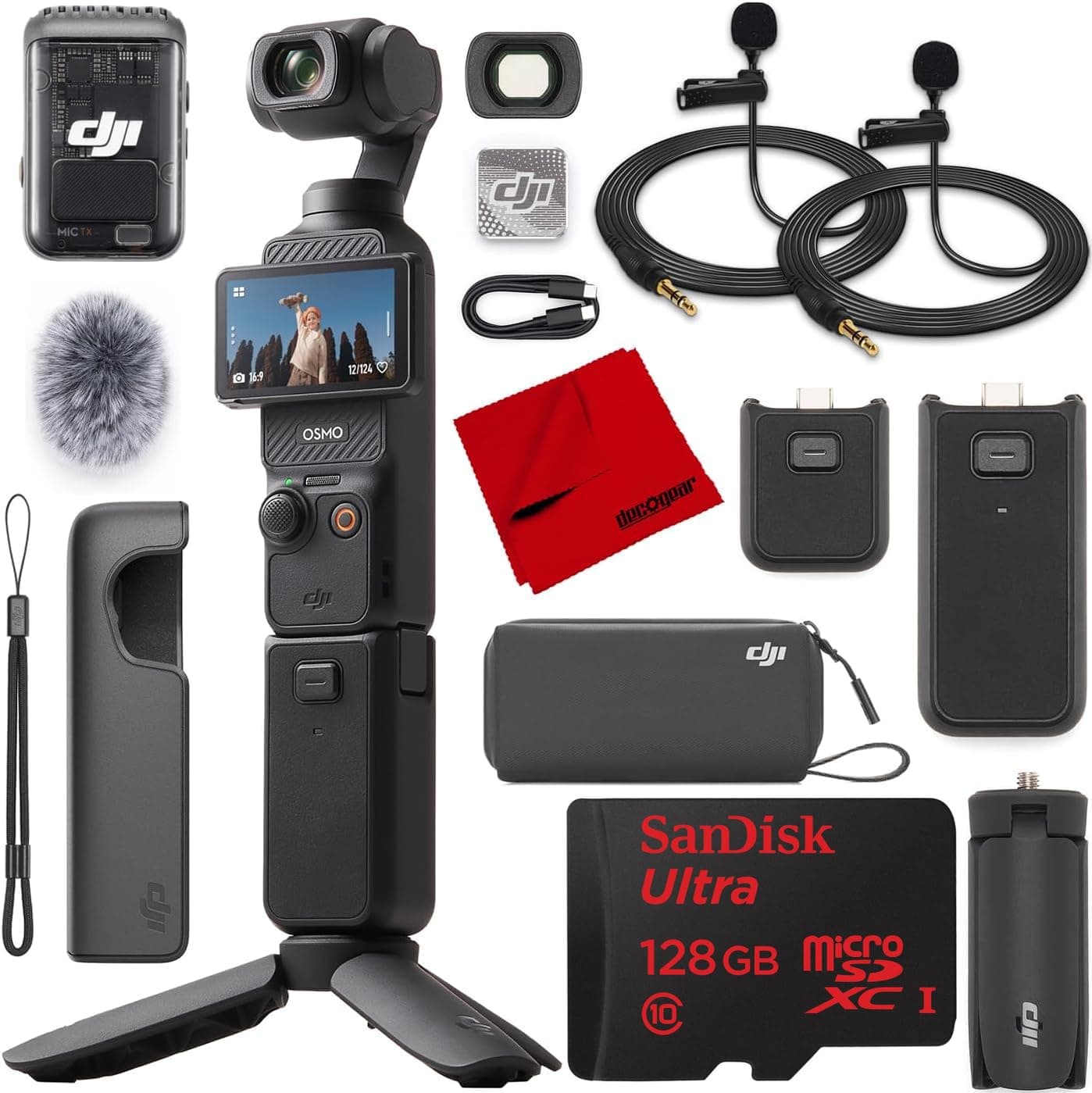 Osmo Pocket 3 Creator Combo Vlogging Camera with Mic 2, 1'' CMOS, 4K/120fps Video, 3-Axis Stabilization, Face/Object Tracking, Fast Focus Bundle with Deco Gear 2 Lapel Microphones + 128GB Card