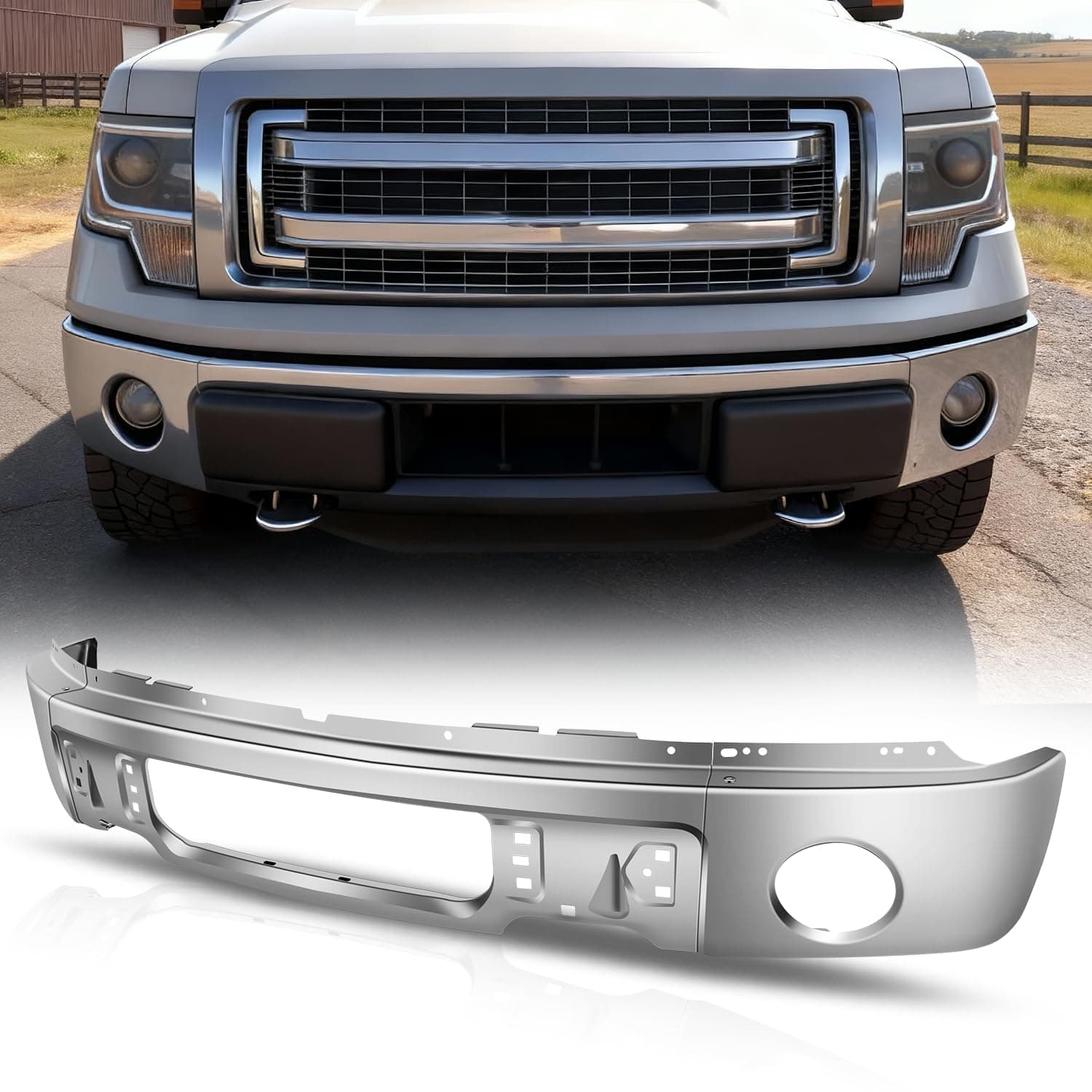 Auto Dynasty Front Bumper Impact Face Bar Replacement Compatible with 2009-2014 Ford F-150, with Fog Light Holes, Polished Chrome
