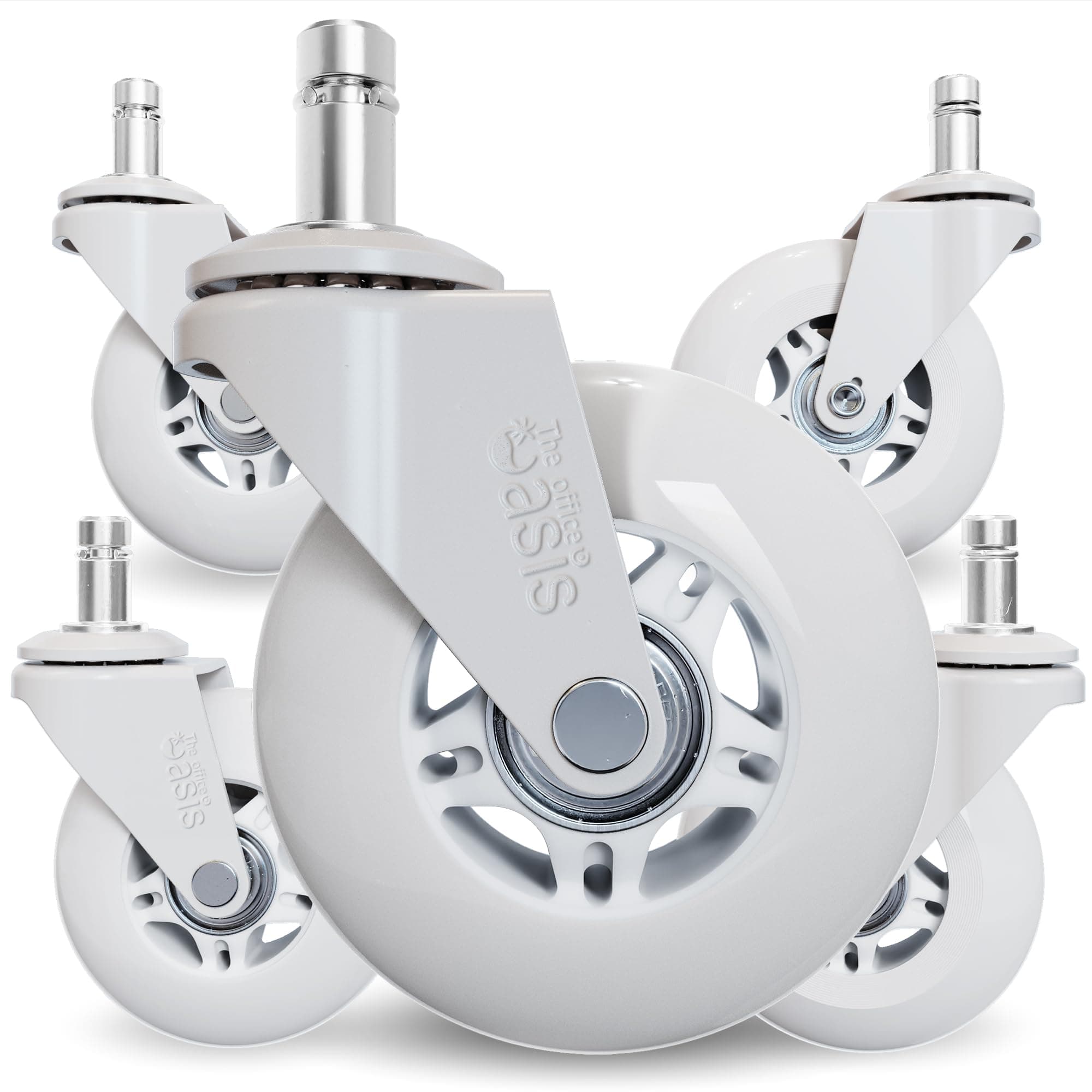 The Office Oasis Original Roller Style Office Chair Wheels (As Seen On PBS) - Smooth & Quiet Casters - Safe for Hardwood Floors & Carpet - Easy Install with Universal Fit - Set of 5 - White