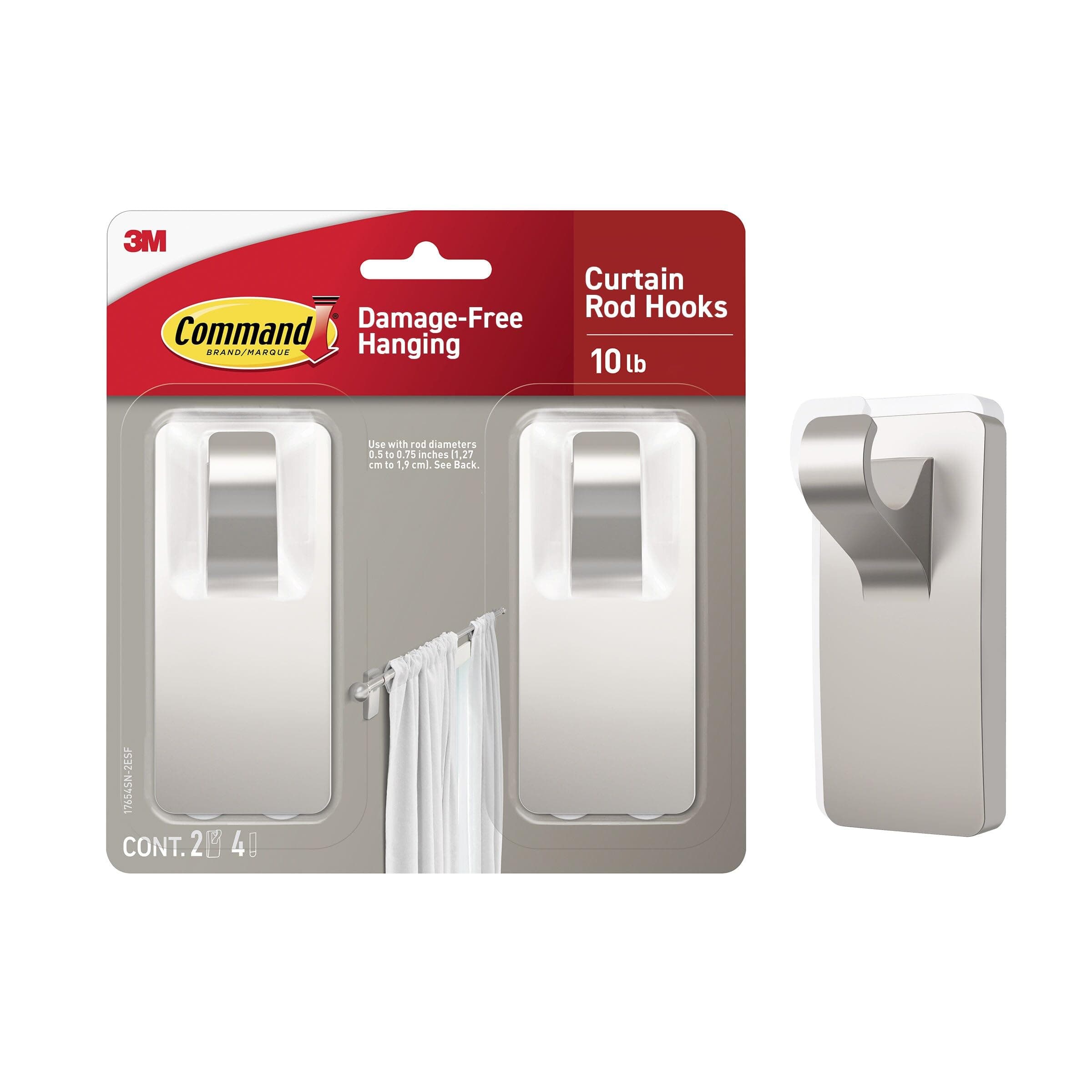 Command 10 lb Satin Nickel Curtain Rod Hooks, 2 Hangers and 4 Strips, No Drilling Home Decor and Room Decor, Use with Rod Diameters 0.5-0.75"