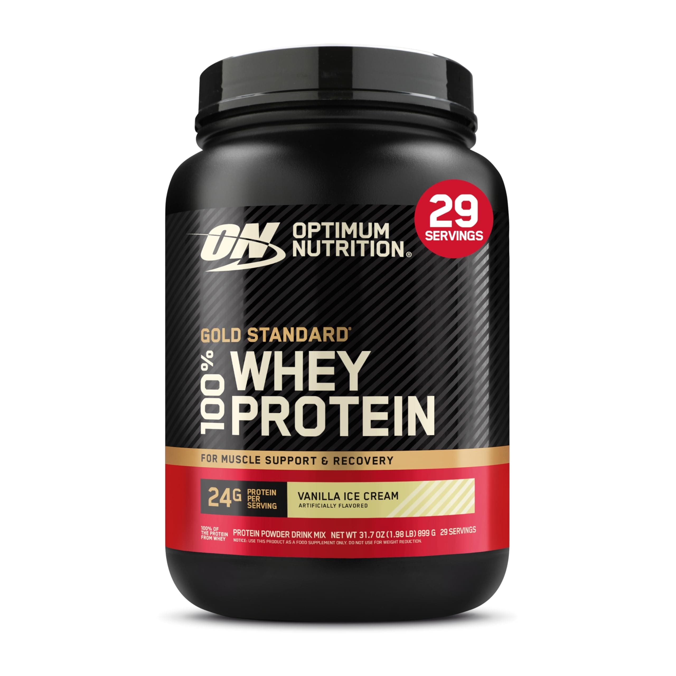 (ON) Gold Standard 100% Whey Protein Powder Primary Source Isolate, 24 Grams of Protein for Muscle Support and Recovery - Vanilla Ice Cream, 2 Lbs, 29 Servings (899 Grams)