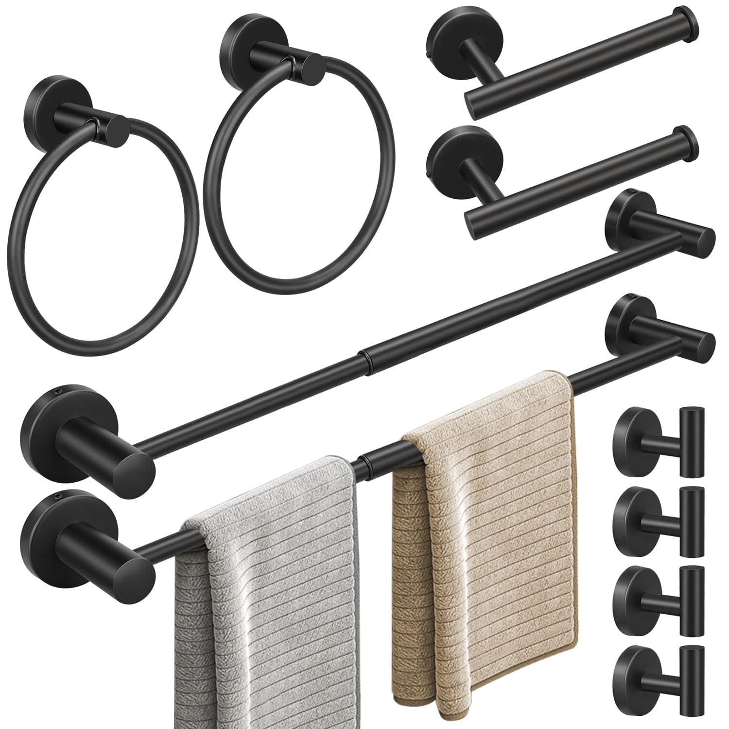 RUBY.Q 5/10/20pcs Bathroom Hardware Set, Including Hand Towel Bars, Toilet Paper Holders, Towel Rings, Robe Towel Hooks (10pcs, 24" Black)