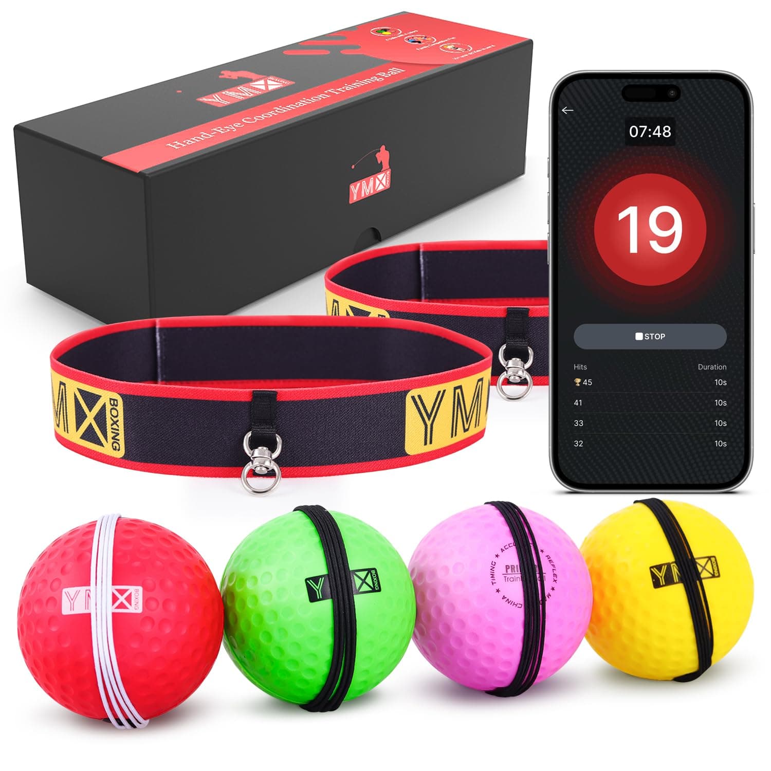 YMX BOXING Reflex Ball Set - 4 React Reflex Ball Plus 2 Adjustable Headband, Great for Reflex, Timing, Accuracy, Focus and Hand Eye Coordination Training of Boxing