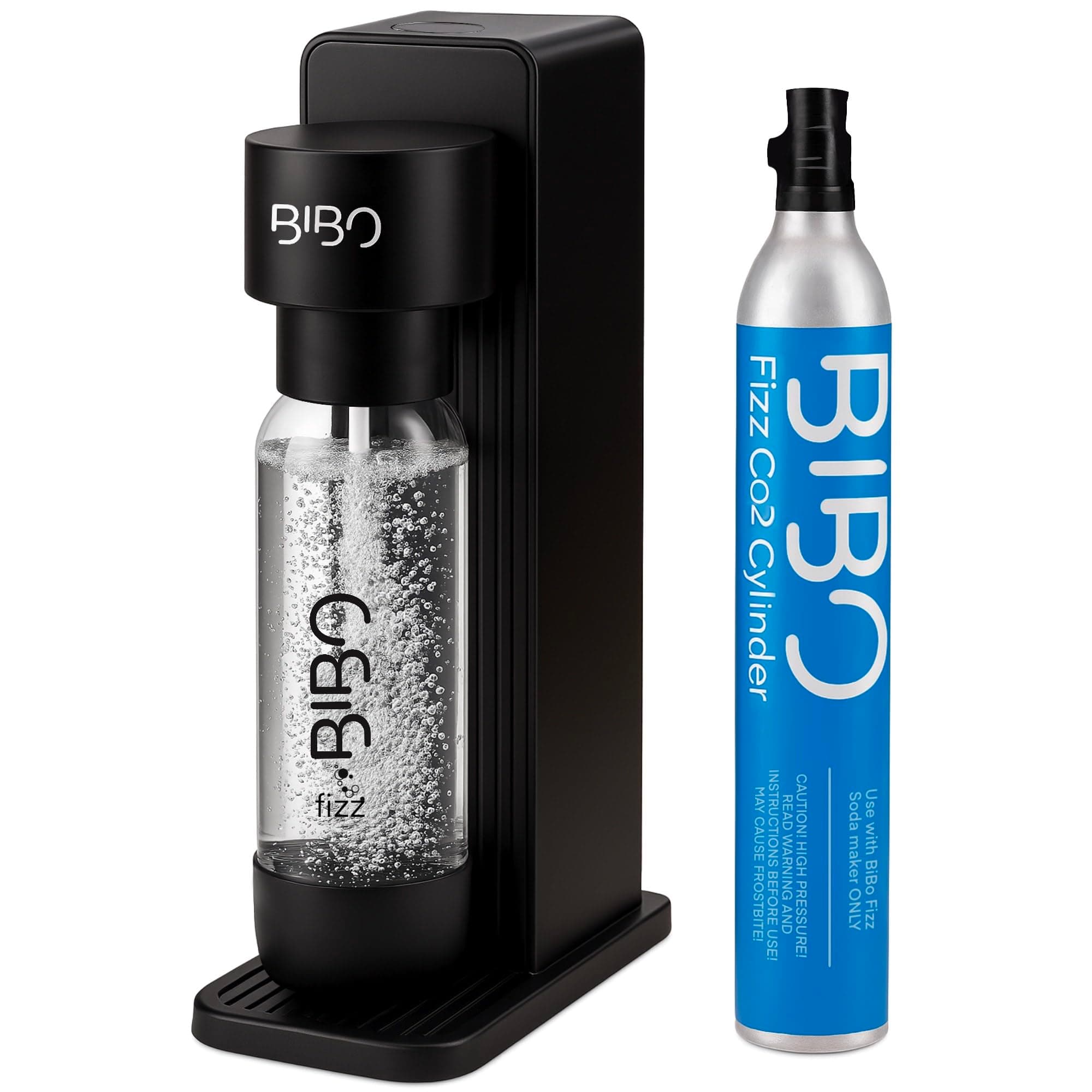 BIBO Sparkling Water Maker | Includes 60L Carbonated Gas Cylinder + 1L BPA-Free Reusable Bottles + Fizzy Soda Water Maker Machine | Quick Screw In CO2 System, Black
