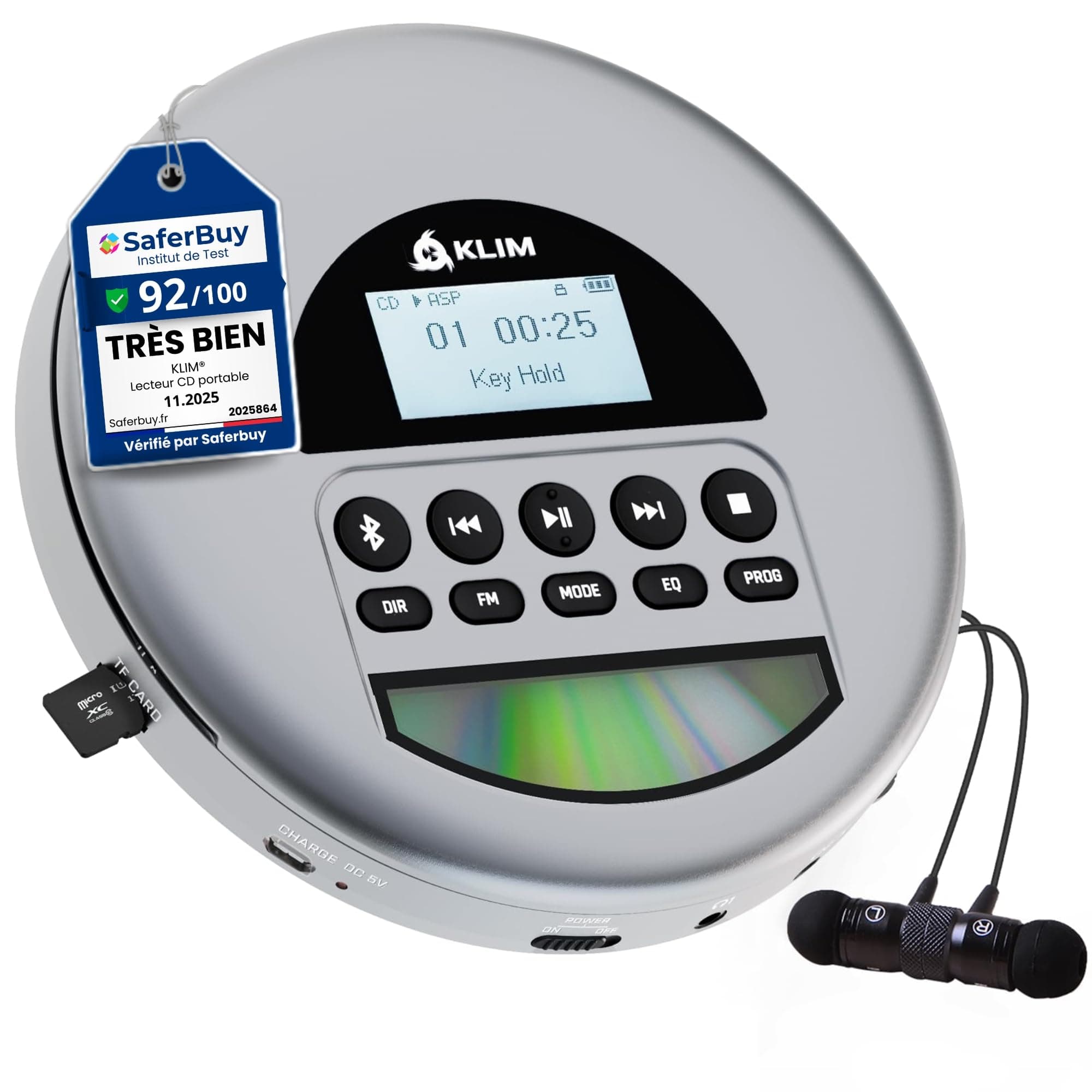 Nomad - New Version - Portable CD Player with Long-Lasting Battery - with Headphones - Radio FM - Compatible MP3 CD Player Portable - TF Card Radio FM Bluetooth - Ideal for Cars - Grey