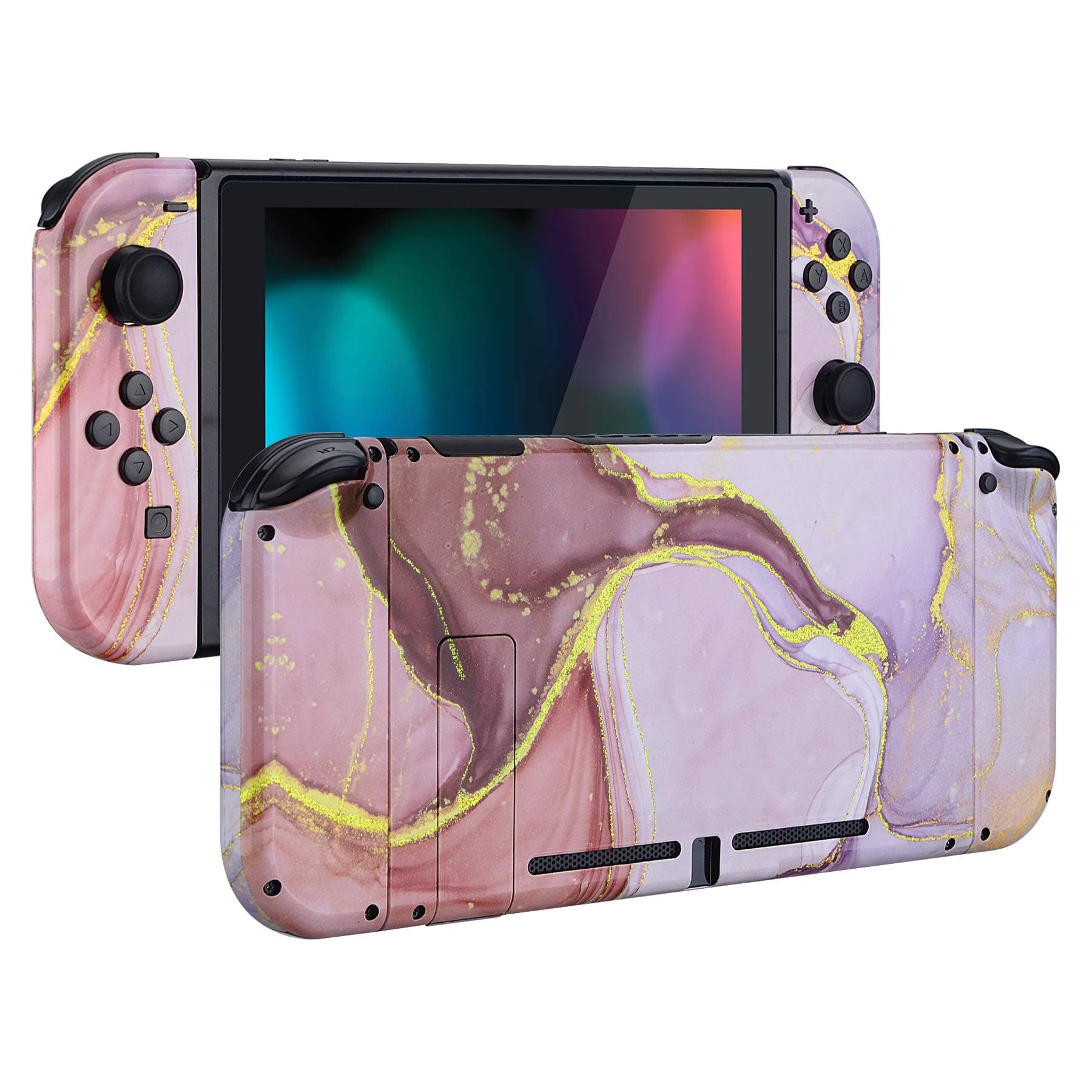 eXtremeRate DIY Replacement Shell Buttons for Nintendo Switch, Back Plate for Switch Console, Custom Housing Case with Full Set Buttons for Joycon Handheld Controller - Cosmic Pink Gold Marble Effect