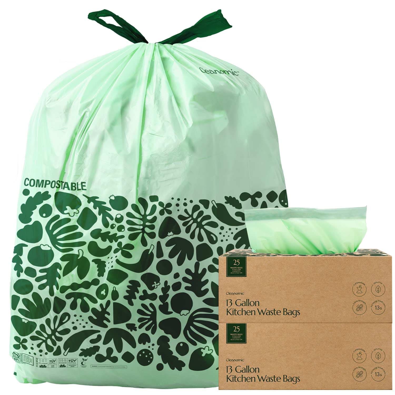 Cleanomic Compostable* 13 Gallon Trash Bags with Drawstring (2 Pack, 50 Count), BPI Certified For Kitchen Compost