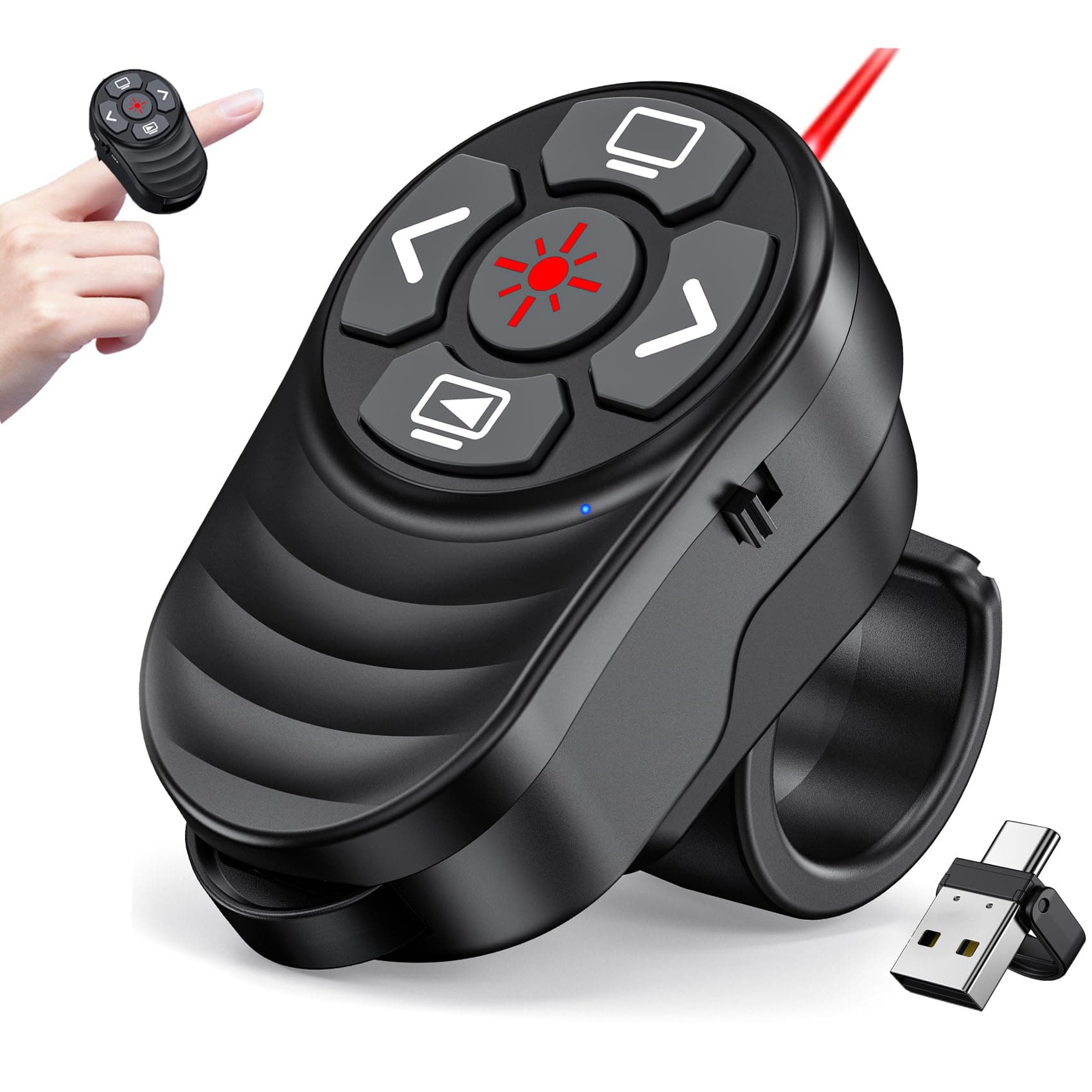 Dinofire USB Type C Wireless Presenter Remote Presentation Laser Pointer Finger Ring PowerPoint Clicker-Slide Advancer for Mac Laptop Class Office