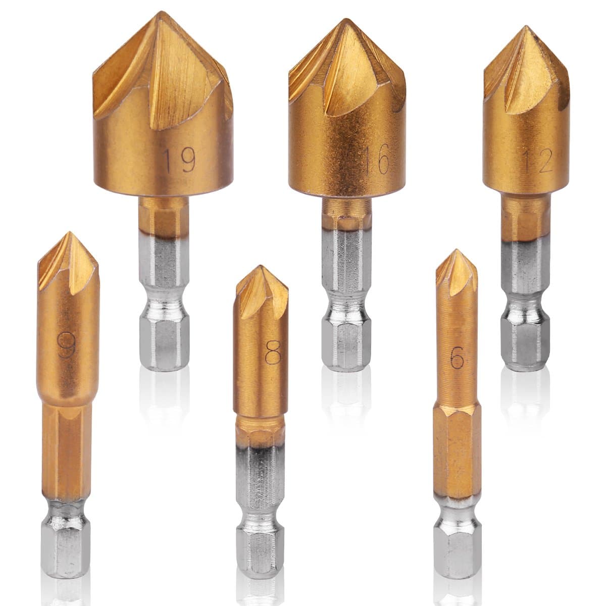 Countersink Drill Bits, Stageek Countersink Drill Bit Set 6 Pieces 1/4” HSS 5 Hex Shank Five-Blade Chamfering Drill Bit Center Punch Tool Set Titanium Plated for Wood DIY Quick Change Bit
