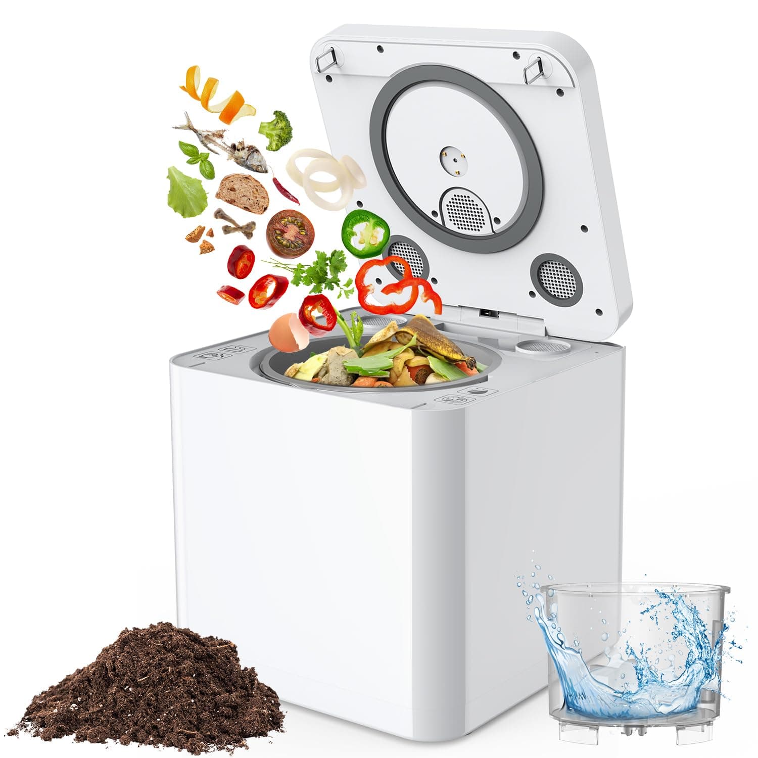 World's First Electric Composter Kitchen with Auto Clean, Fast 5-8H One-Touch Turn Food Waste to Compost Food Compost Bin, Odorless Compost Year-round with UV Lamp, 80% Reduction, LED Screen
