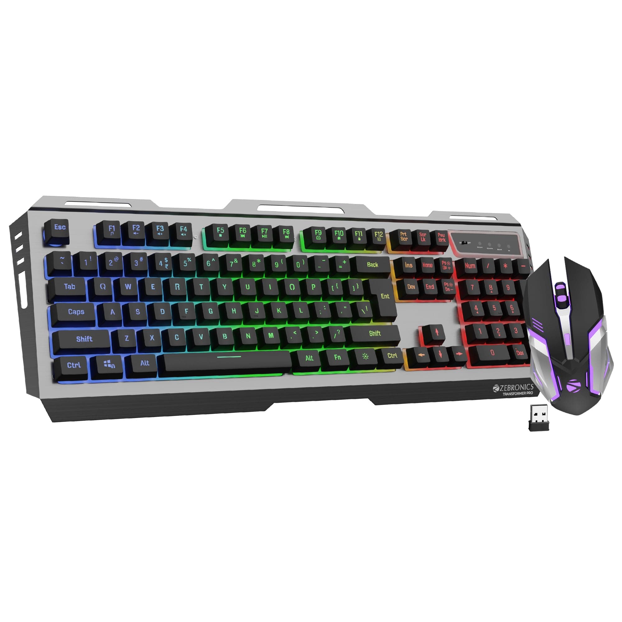 ZEBRONICS Transformer PRO Gaming Wireless Keyboard & Mouse Combo with 2.4GHz, Aluminum Body, Built in Battery, Multicolor LED Modes, Type C, Double Shot Keycaps, up to 4000 DPI