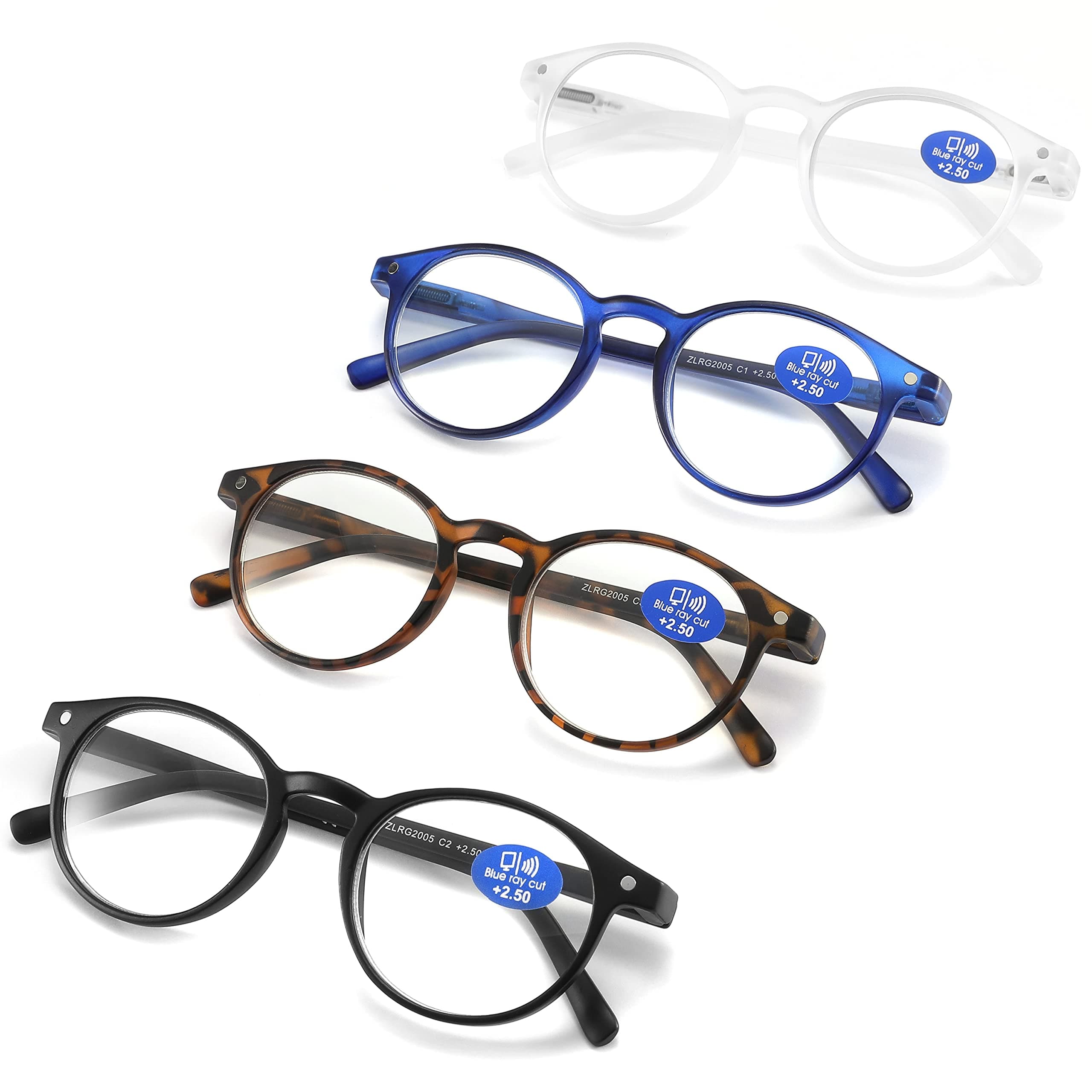 Reading Glasses Blue Light Blocking - Spring Hinges Round Eyeglasses for Men Women,4 Pairs Mix Color Anti Glare Filter Lightweight Readers (4 Pairs Mix Color, 2.50)