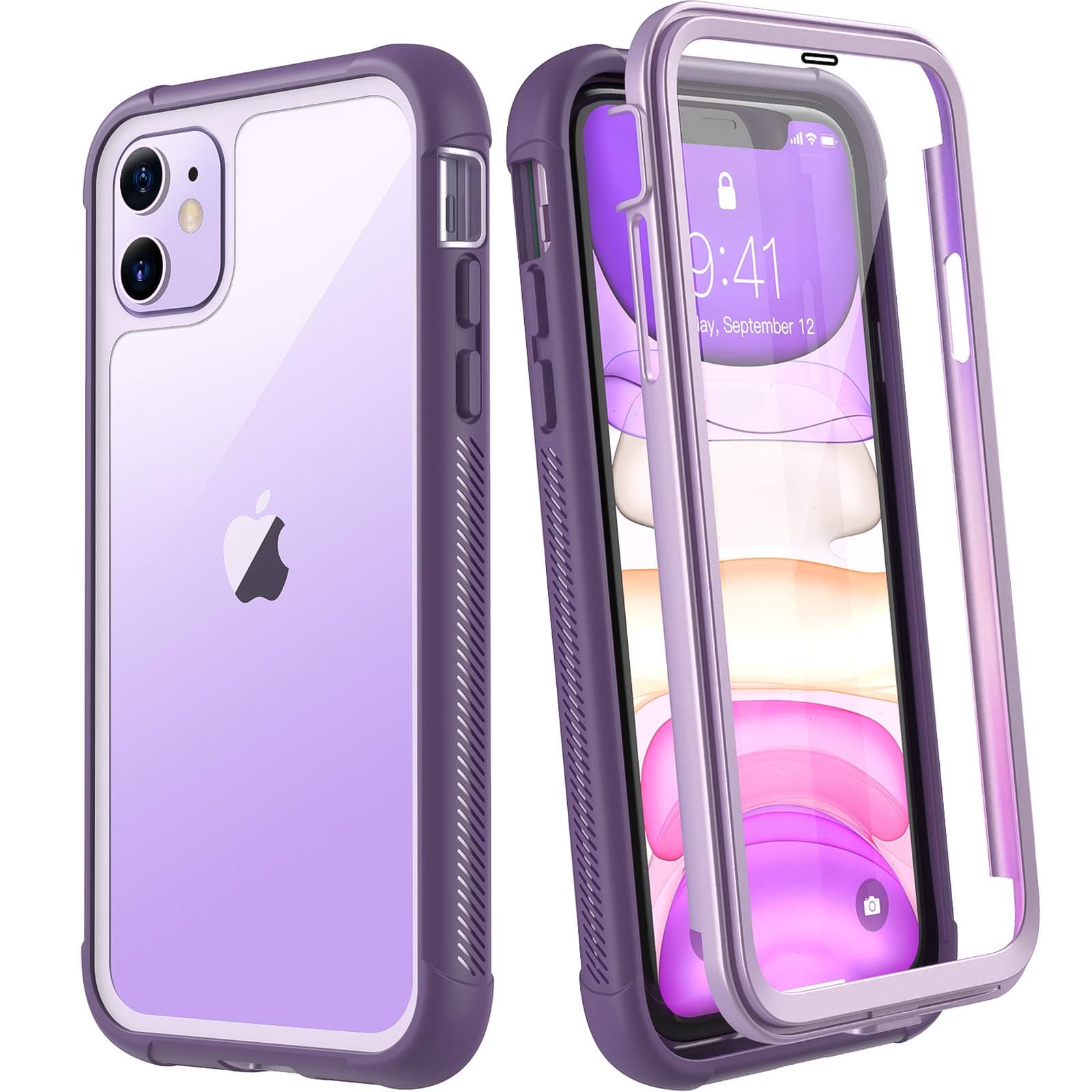 Singdo Case Compatible with iPhone 11 Case, Built-in Screen Protector 360 Degree Full Body Protection Shockproof Case Compatible with iPhone 11 6.1 inch（Purple/Clear）