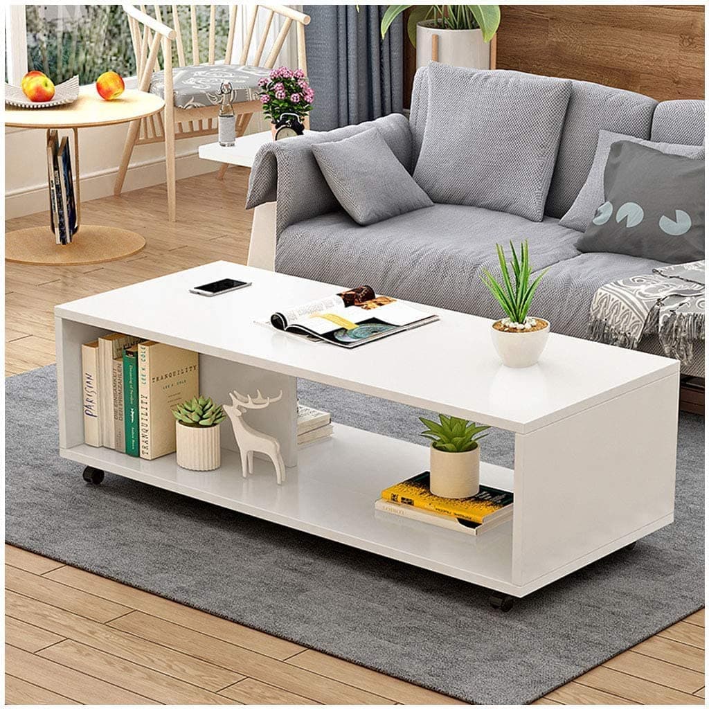Lukzer Engineered Wood Center Table with Wheels | CT-003/White | Open Rack Storage Organizing Desk Bed Side Display Stand Fashionable Furniture Rolling Coffee Tea Table DIY (80X40X40 Cm)