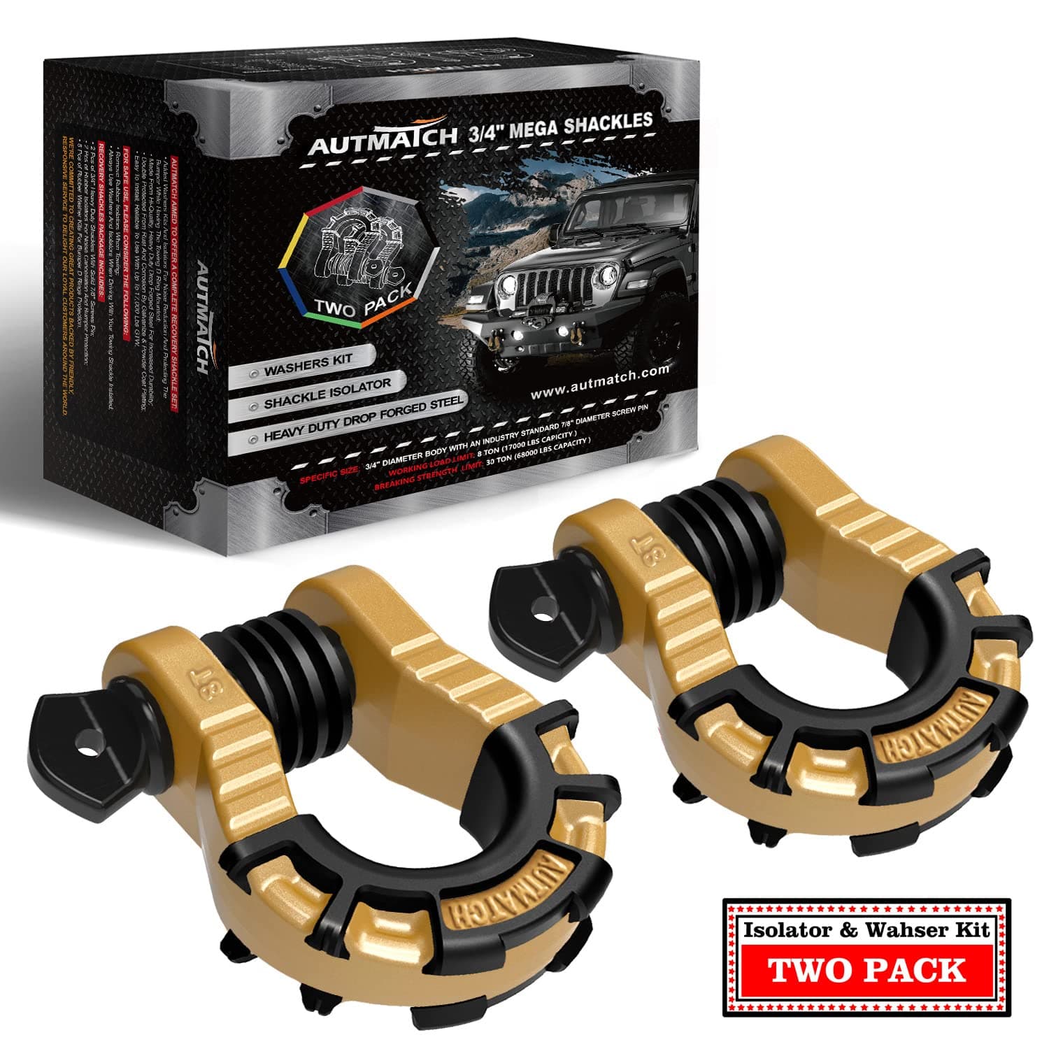 AUTMATCH D Ring Shackles 3/4" Mega Shackle (2 Pack) 68,000Ibs Break Strength - Heavy Duty Clevis Shackles with 7/8" Screw Pin and Isolator Washer for Tow Strap Winch Off Road Vehicle Recovery, Gold