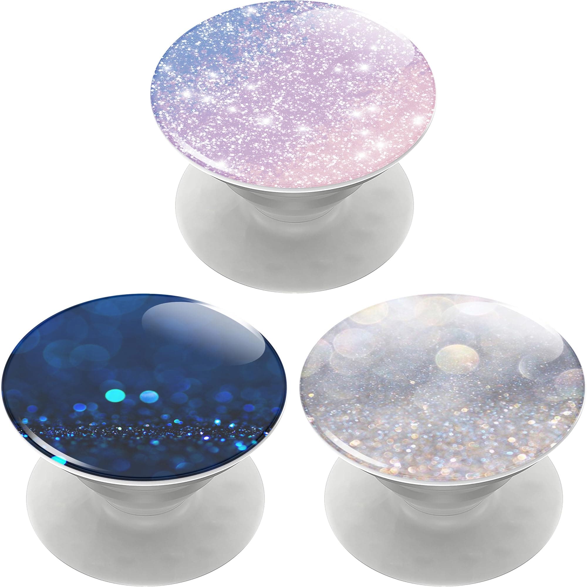 Phone Stand/Grip Compatible with pop sockets for iPhone/Tablets, 3pack, Glitter, Purple Pink Blue Gray.
