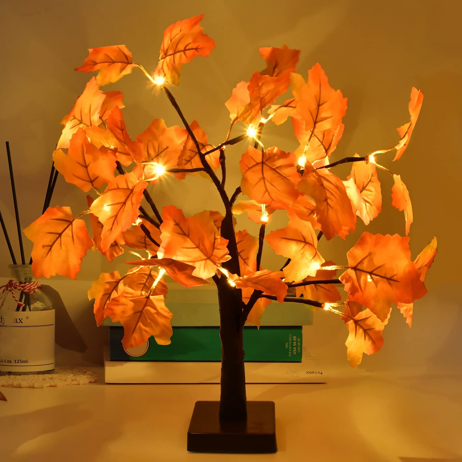 Fall Decor 18.5 Inch Artificial Fall Lighted Maple Tree with 24 LED Battery Operated Autumn Table Lights,Fall Decorations for Home Indoor Outdoor Harvest Thanksgiving Halloween Christmas Decor