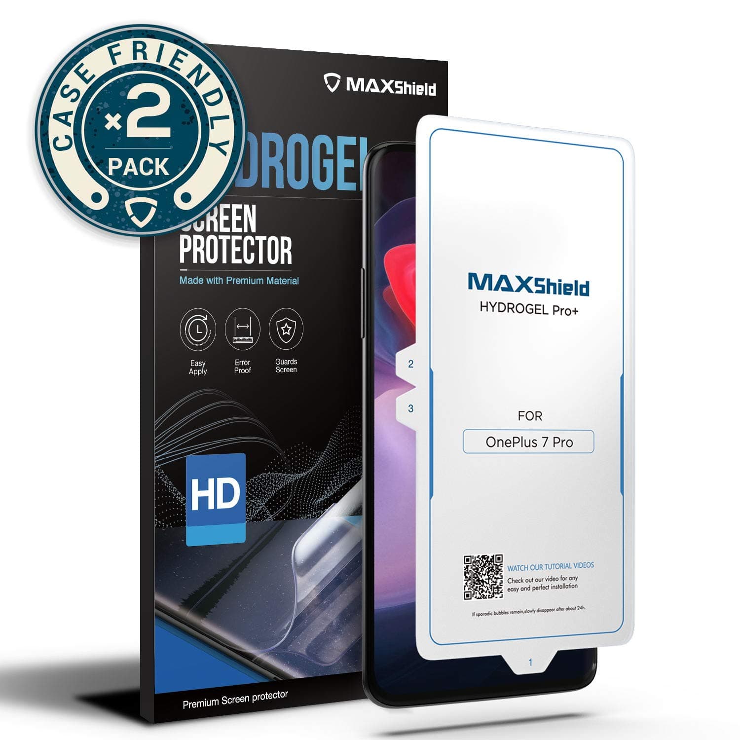 MAXSHIELD Compatible with OnePlus 7 Pro Screen Protector, 2-Pack [Case-Friendly] Screen Protector Protective Film Compatible for OnePlus 7 Pro, HD Clear Anti-Bubble & Easy Installation