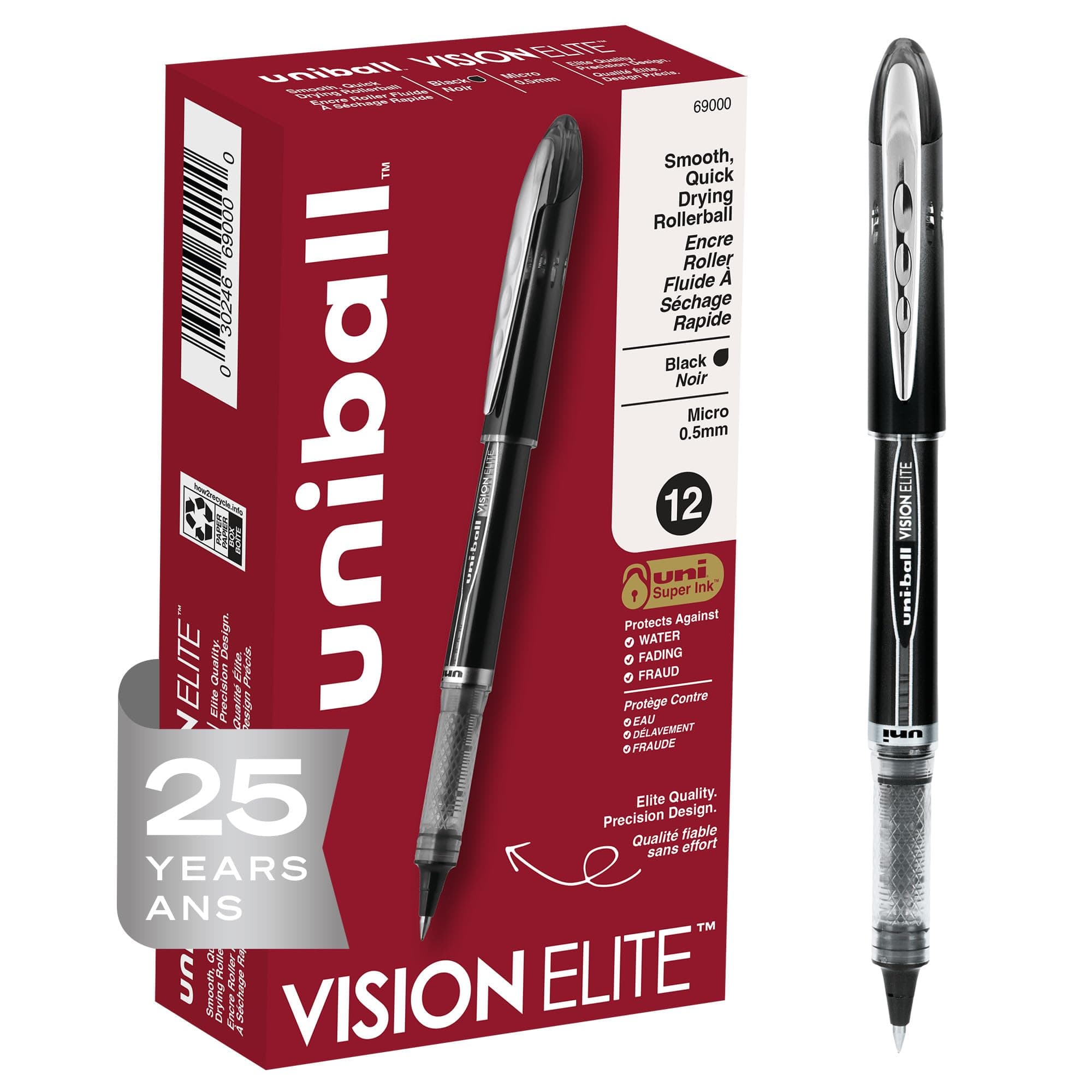 Uni-Ball Vision Elite Rollerball Pens, Black Pack of 12 - Micro Japanese 0.5mm Ink, Teacher, Smooth Writing School, Journaling - School & Office Supplies