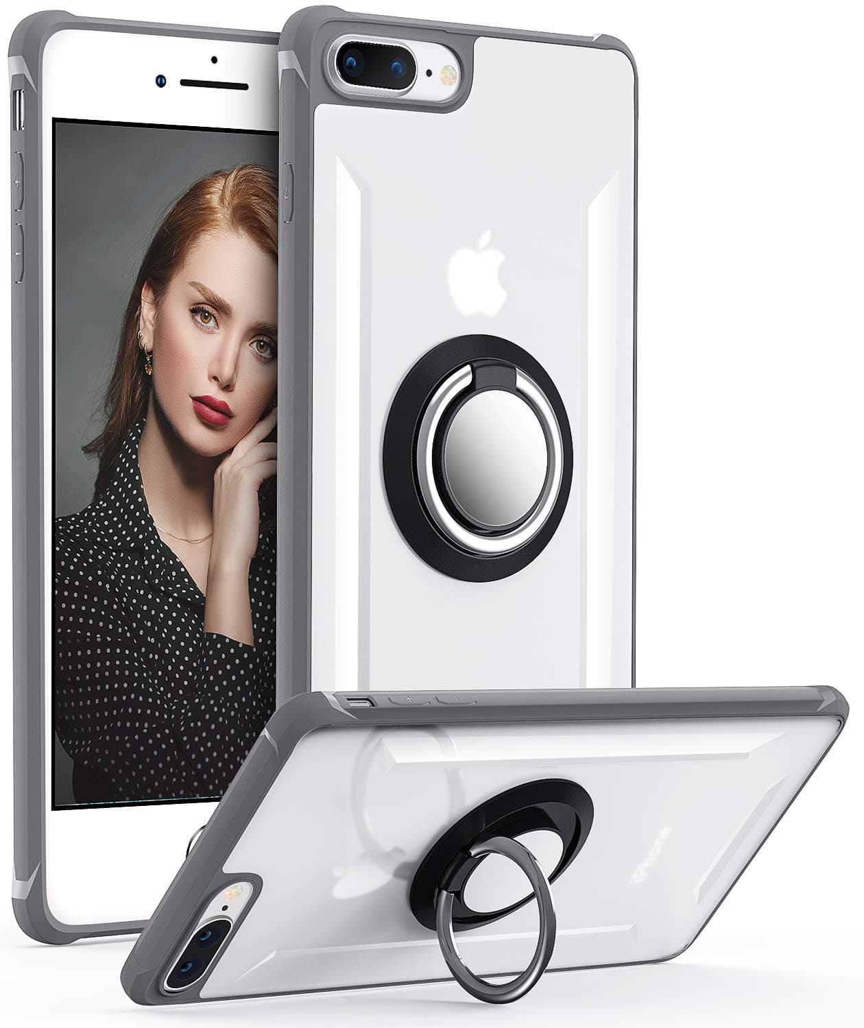 iPhone 7 Plus Case, Daupin Clear iPhone 8 Plus Case with 360 Rotatable Ring Kickstand Magnetic Metal Car Mount Hard PC Shockproof Protective Soft TPU Bumper Phone Case for iPhone 7/8 Plus (Gray)