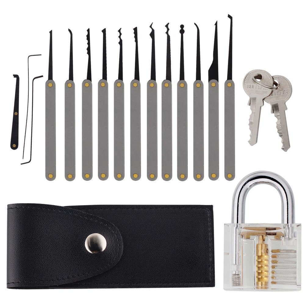 GeMoor18Pcs Practice Lock Pick Set, Lock Picking Tools with Crystal Train Padlocks Extractor Tool Hook, Keys and Gift Box for Beginners Lock Trainer Practice